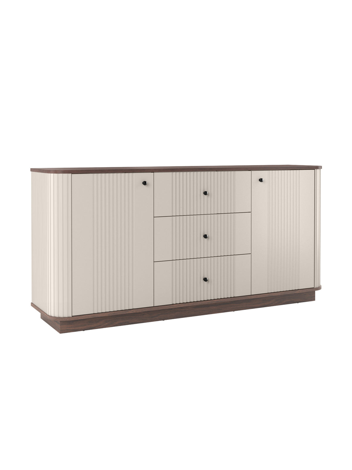 Komoda Vesper 160 cm z szufladami na cokole w kolorze kaszmir z blatem orzech i czarnymi uchwytami