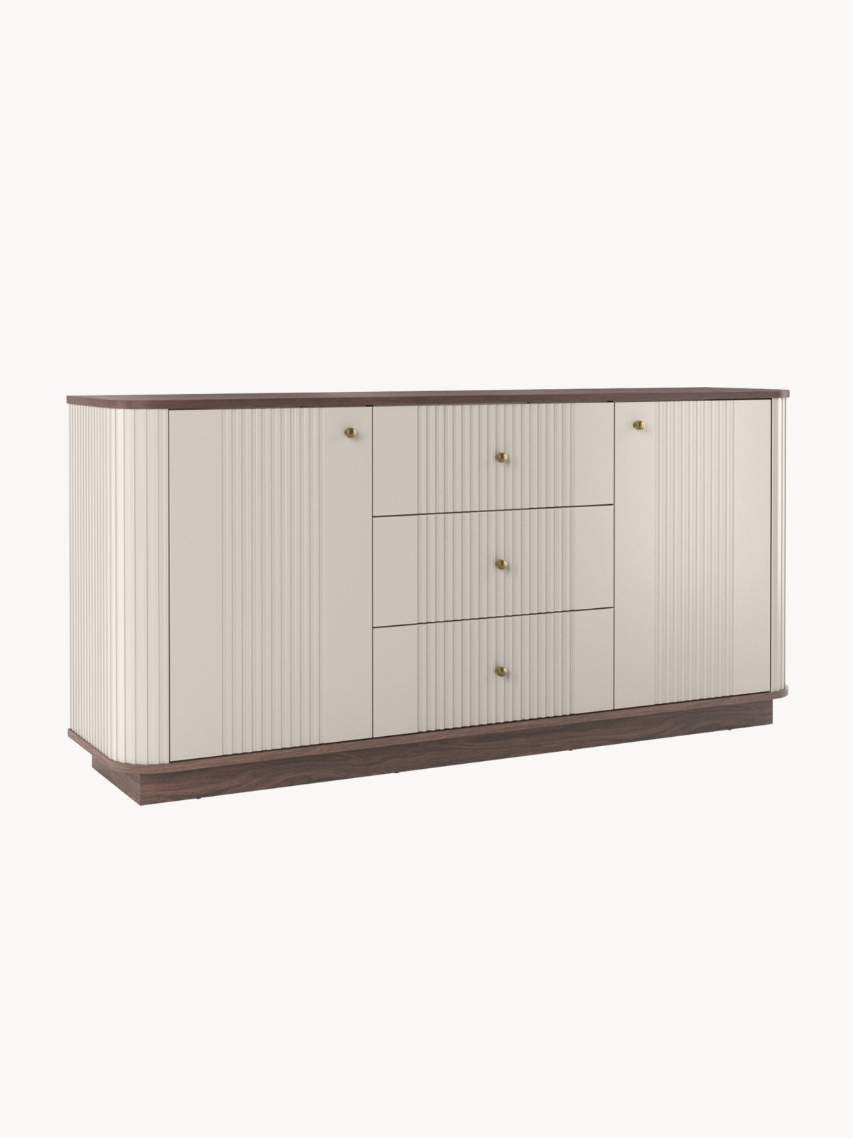 Komoda Vesper 160 cm z szufladami na cokole - kaszmir / orzech / złote uchwyty