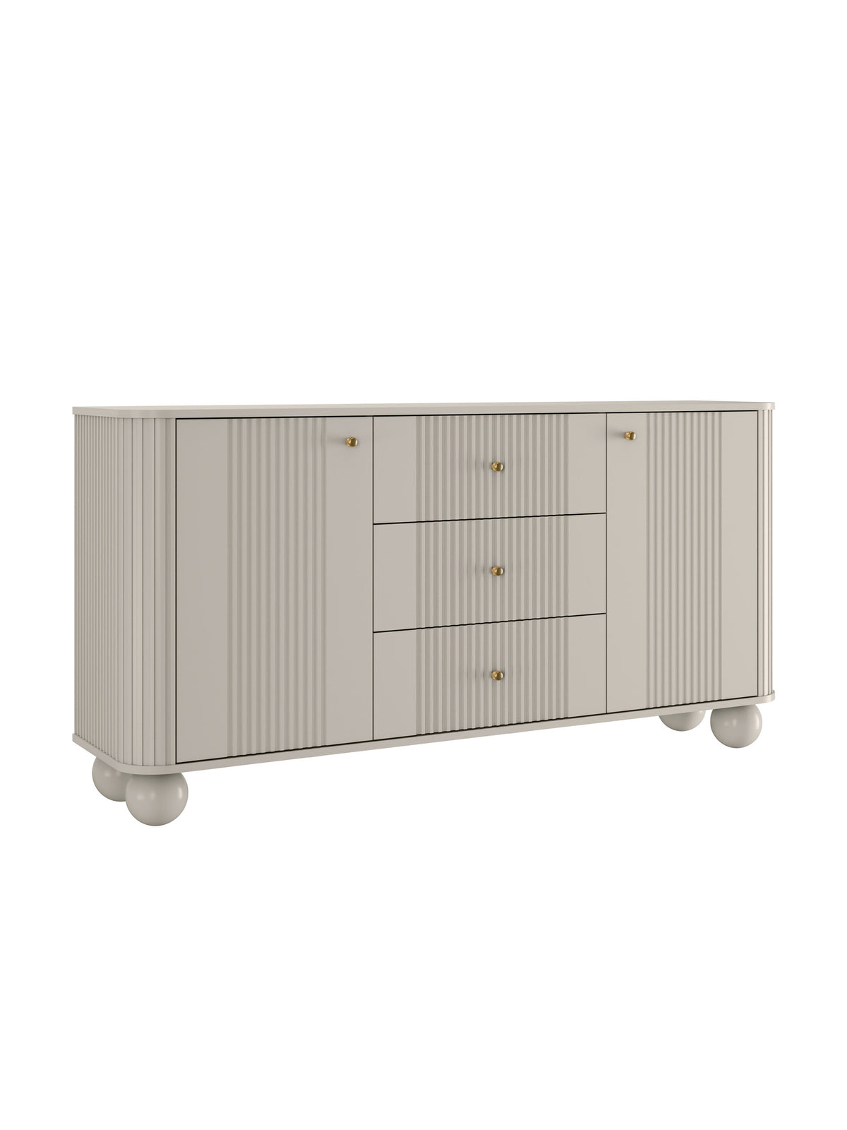 Komoda Vesper 160 cm kaszmir ryflowana z 3 szufladami i złotymi uchwytami