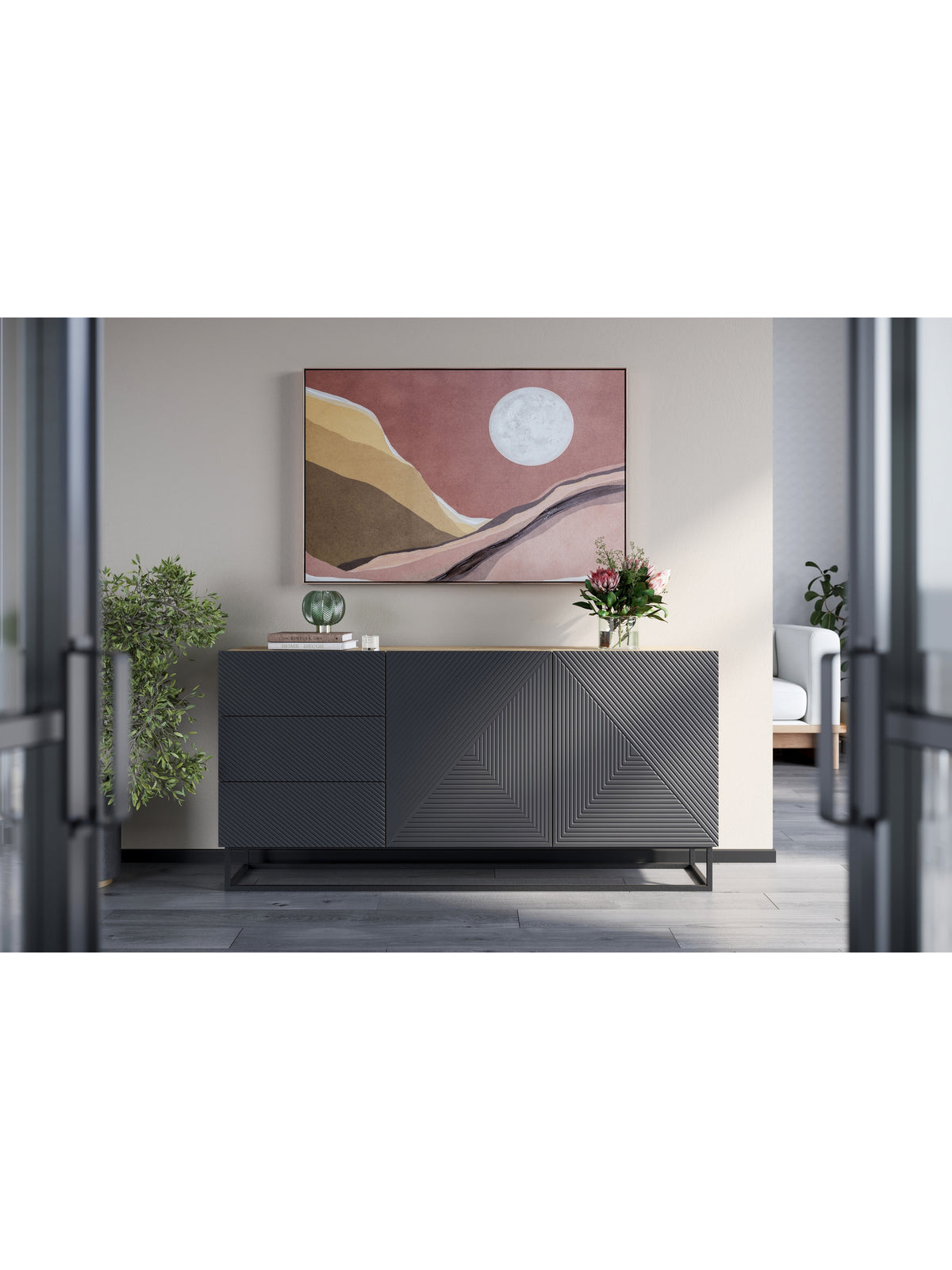 Komoda Asha 167 cm dwudrzwiowa z szufladami - artisan / rivier stone mat / czarny stelaż