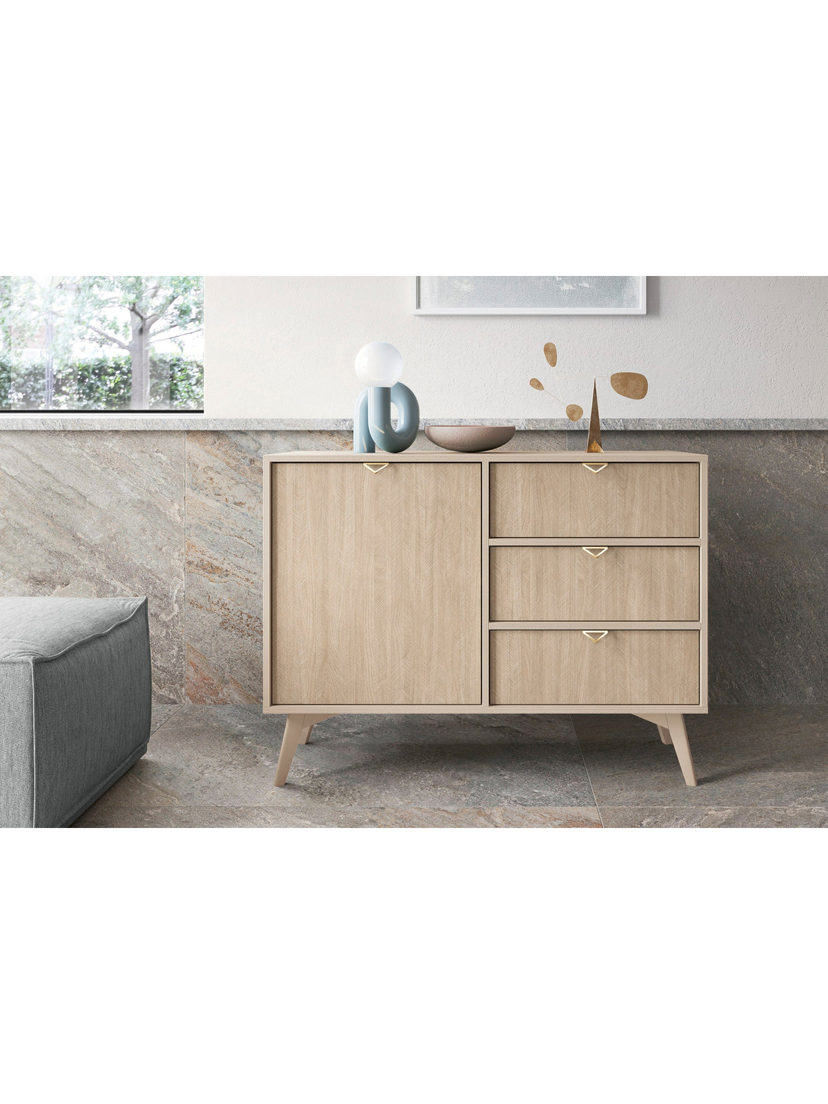 Komoda Lumira 106 cm piaskowa z jodełką scandi, 1 drzwiowa i 3 szuflady