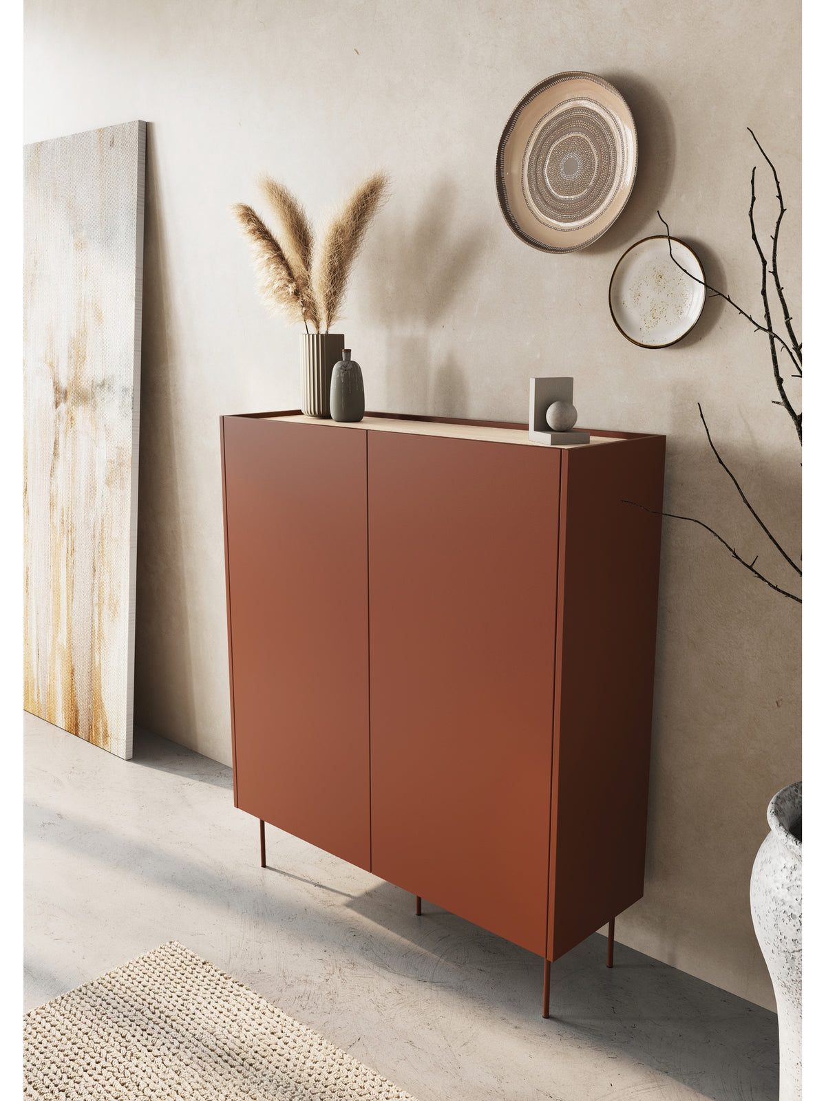 Komoda wysoka Desin 120 cm dwudrzwiowa z ukrytymi szufladami - ceramic red / dąb nagano