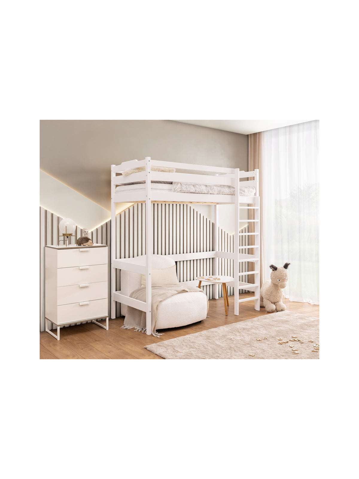 Białe łóżko dziecięce Samio 80x180 antresola z drabinką w stylu Scandi