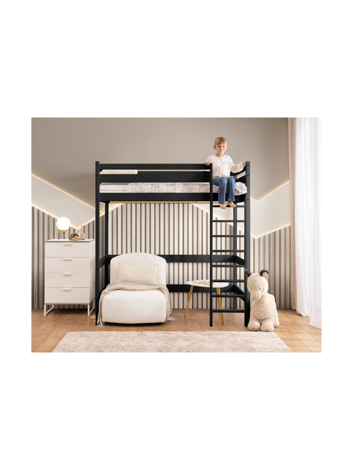 Łóżko dziecięce Samio 80x190 antresola czarne z drabinką i drewnianym stelażem