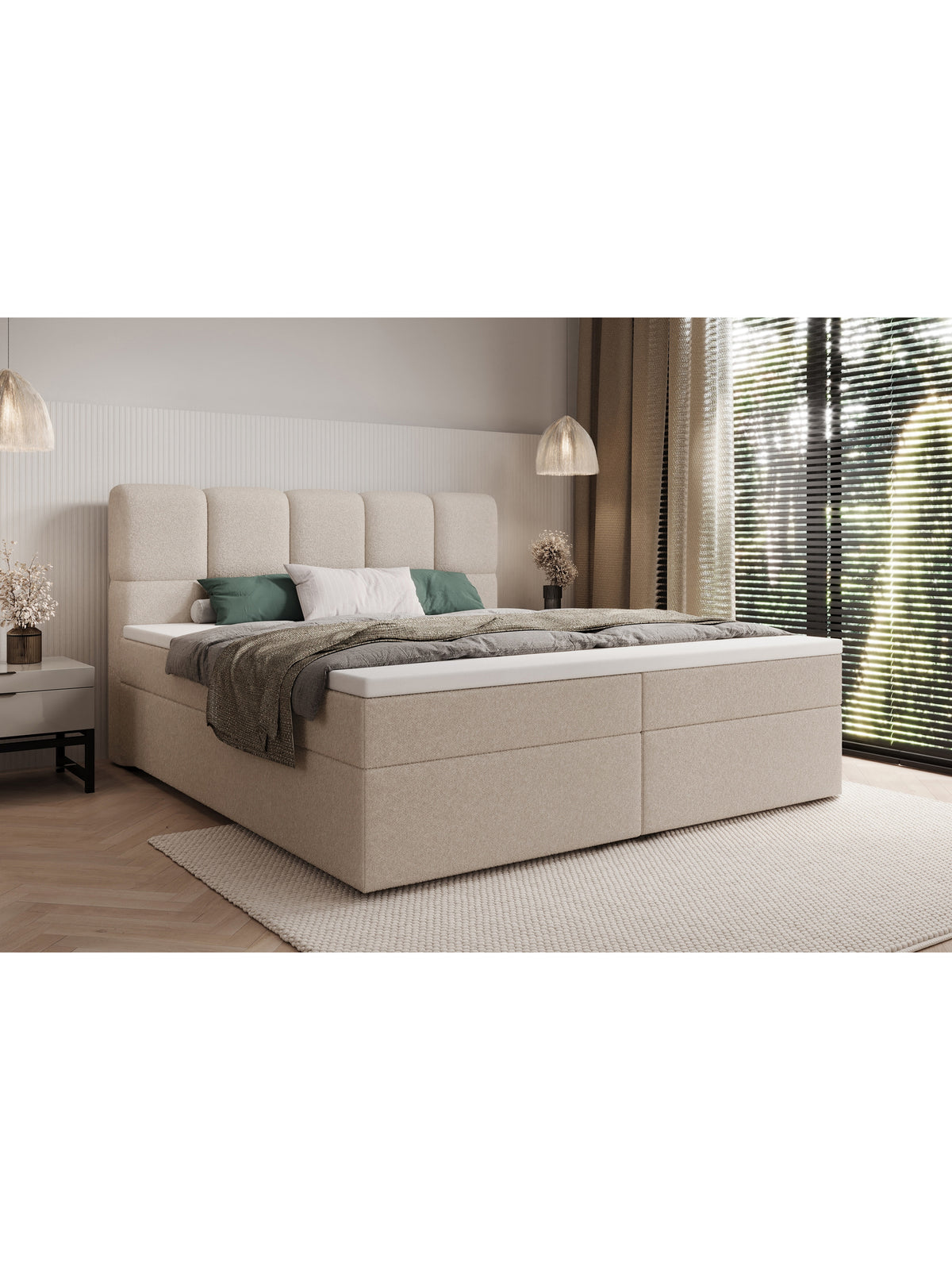 Łóżko kontynentalne Carello 160x200 w beżowej tkaninie boucle z pojemnikami i czarnymi ślizgami