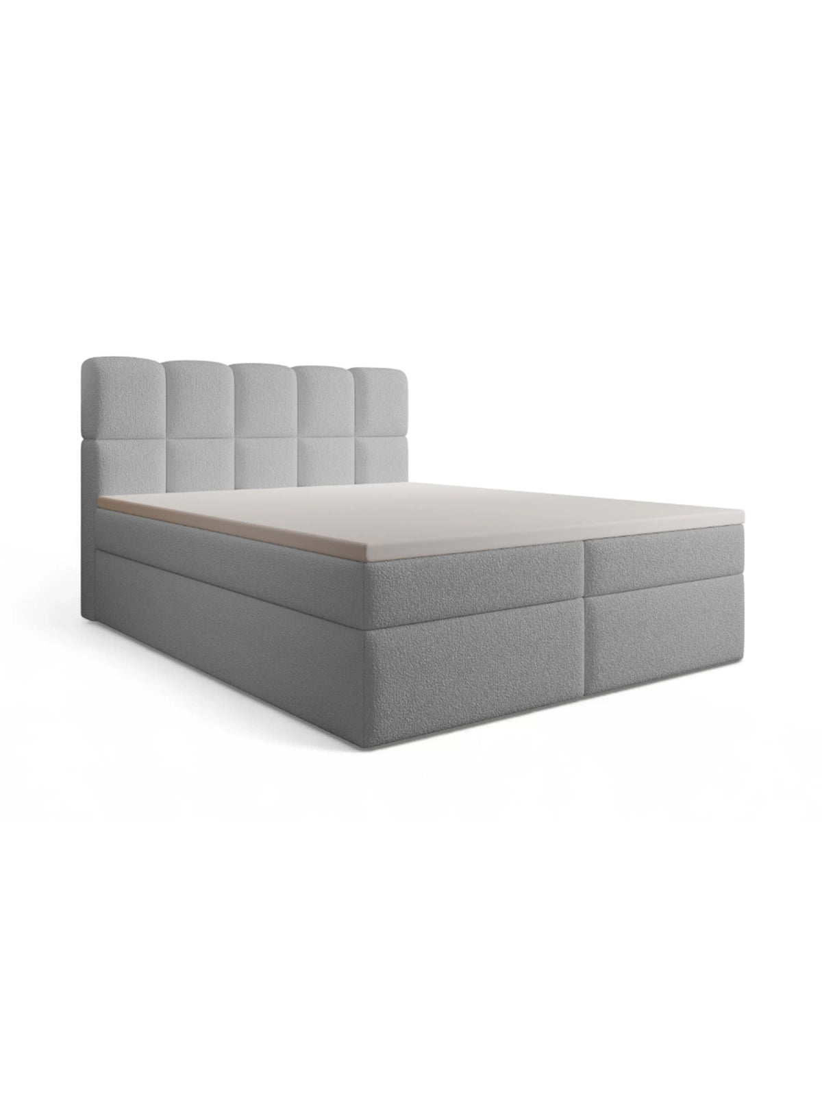 Łóżko kontynentalne Carello 160x200 w szarej tkaninie boucle, widok z przodu