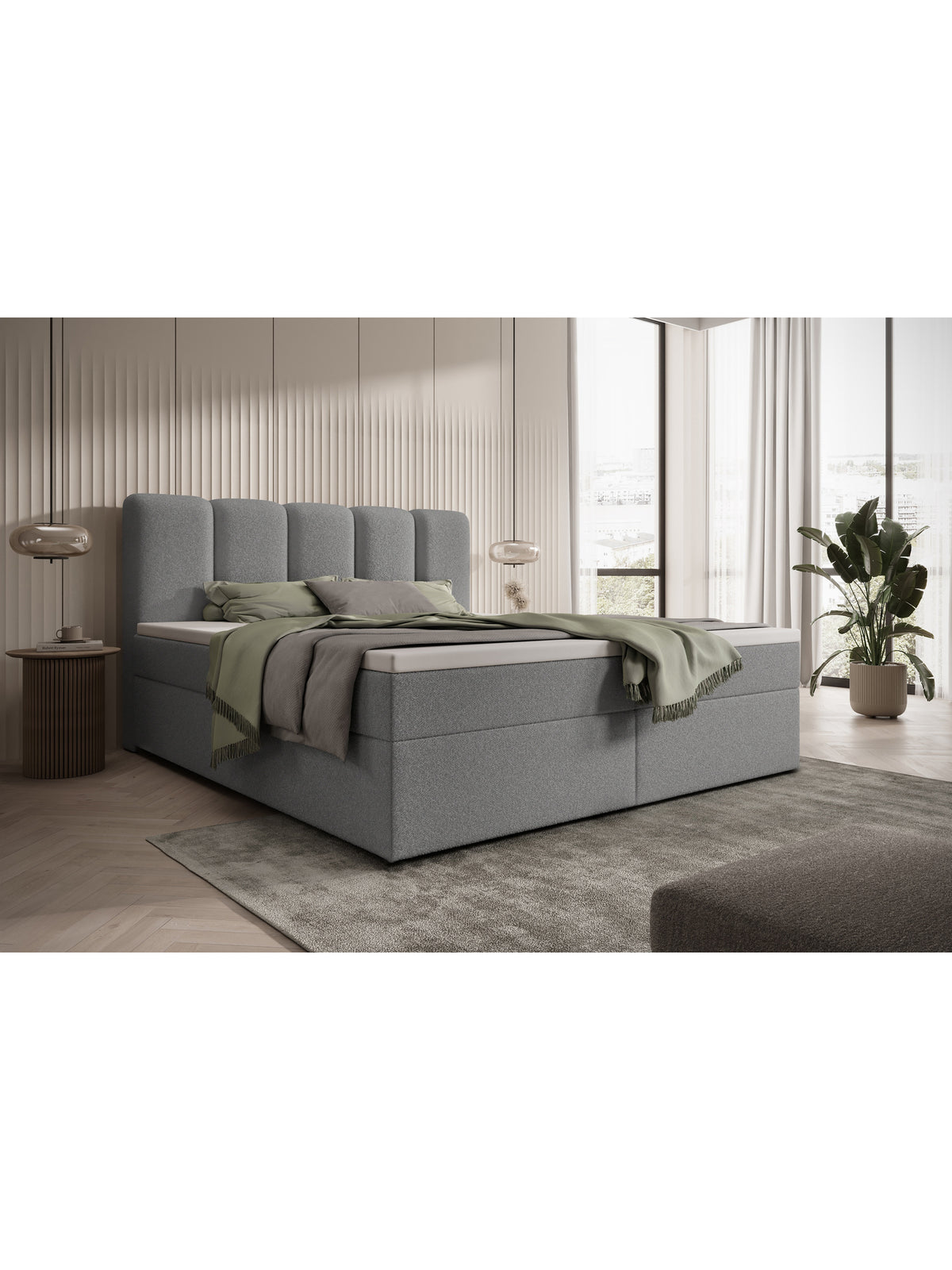 Łóżko kontynentalne Tenor 160x200 szare boucle z pojemnikami, widok przodu i boku