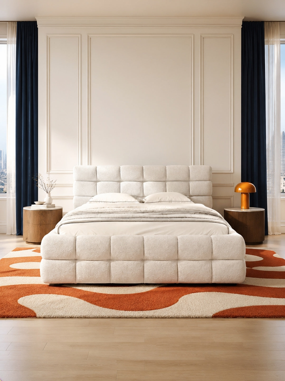 Łóżko sypialniane Bellmora 160x200 z pojemnikiem, tapicerowane białą tkaniną z pikowanym wzorem
