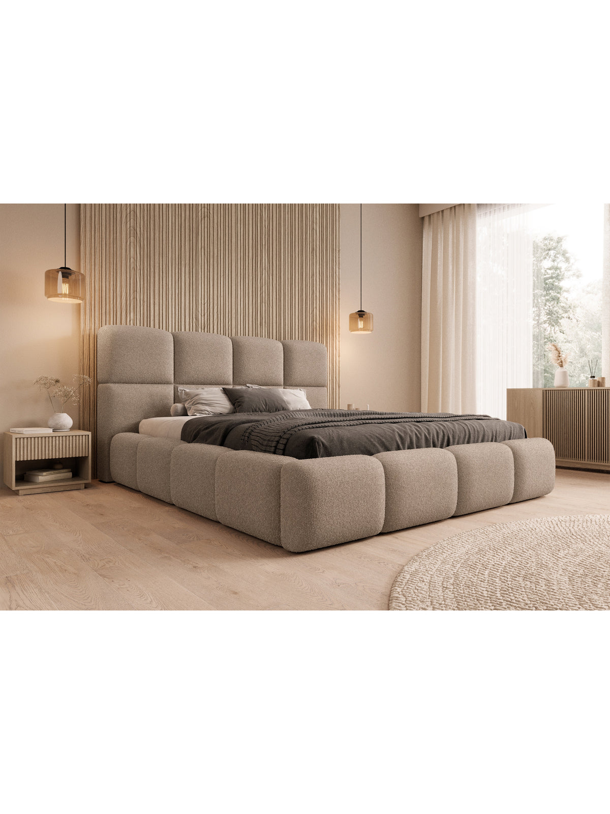 Łóżko tapicerowane Cloud 180x200 w ciemno beżowej tkaninie boucle z pojemnikiem na pościel