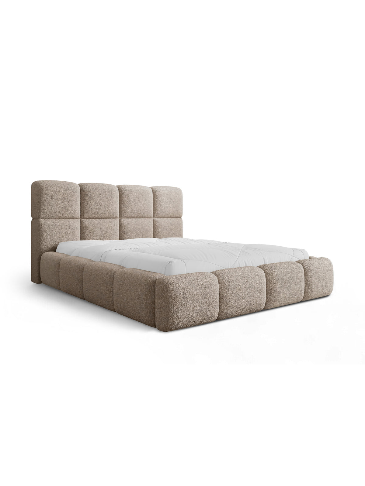 Łóżko tapicerowane Cloud 180x200 w ciemno beżowej tkaninie boucle z wysokim zagłówkiem