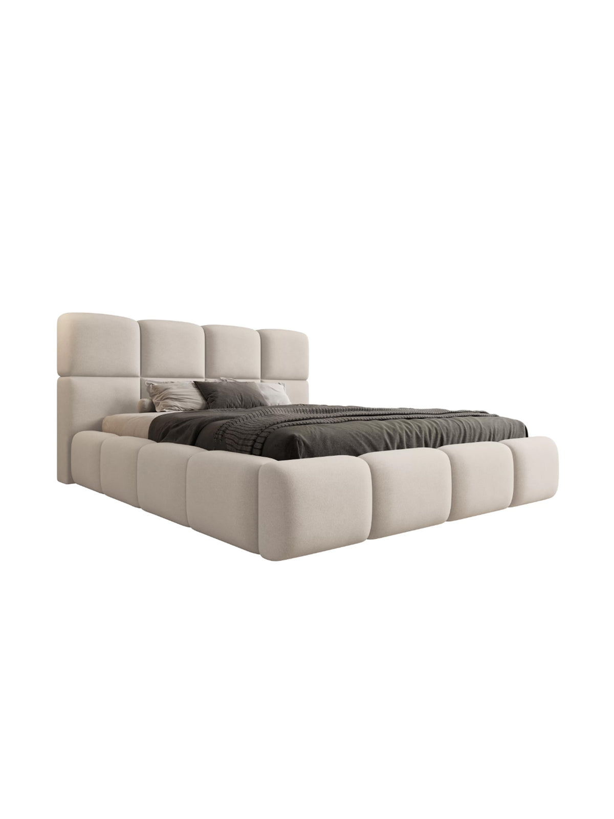 Łóżko tapicerowane Cloud 180x200 jasnobeżowe z weluru Castel 03, widok frontu i zagłówka