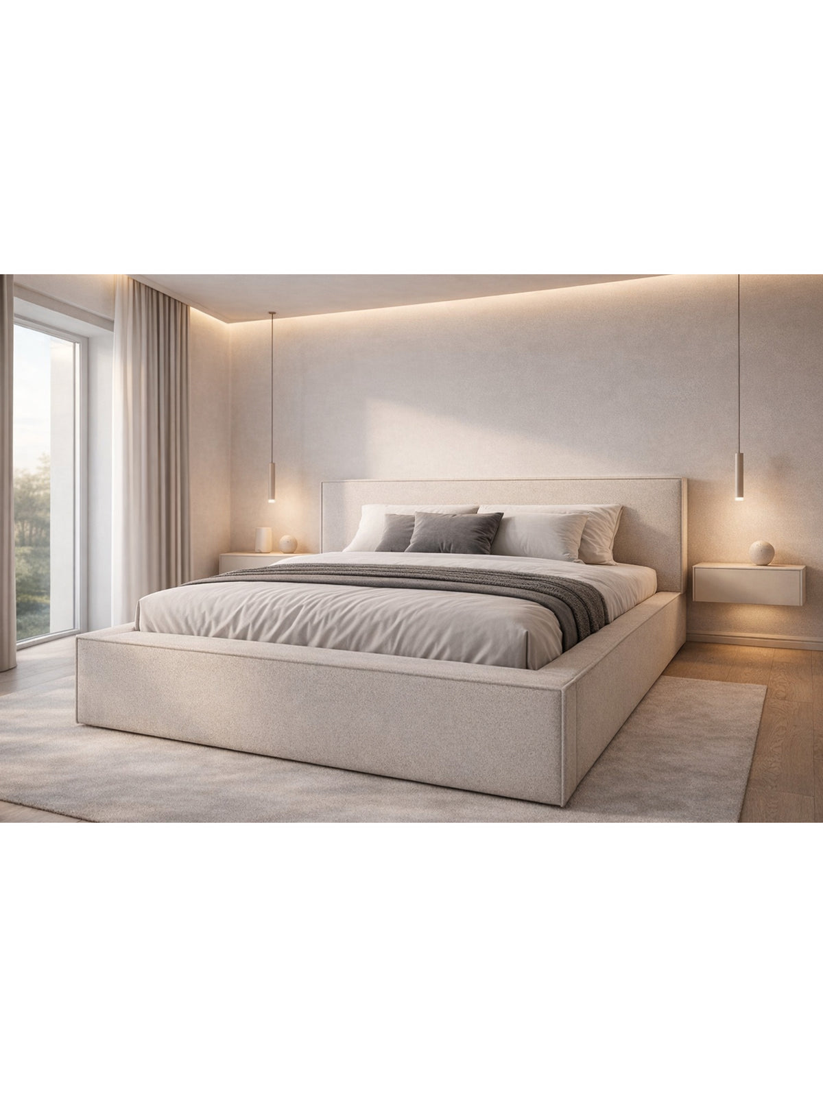 Łóżko tapicerowane Nirello 180x200 w beżowej tkaninie boucle, widok całego łóżka