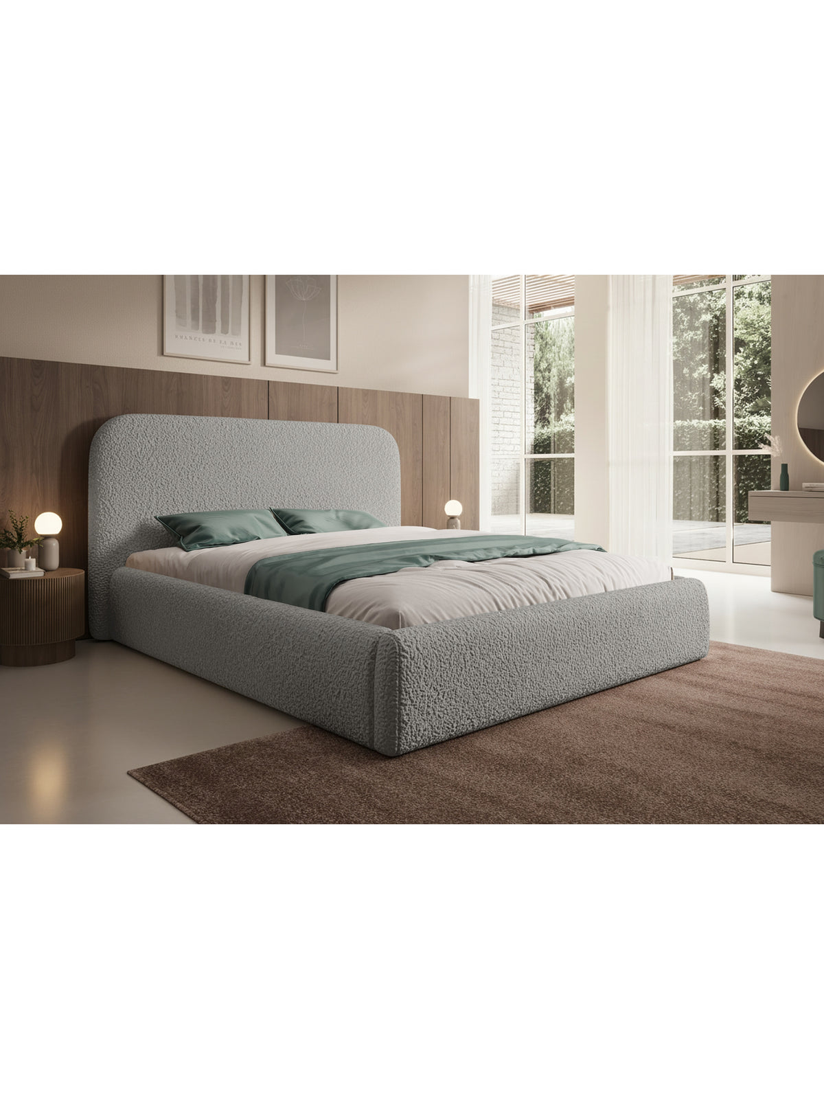 Łóżko tapicerowane Rasel 180x200 w szarej tkaninie boucle z niskim zagłówkiem