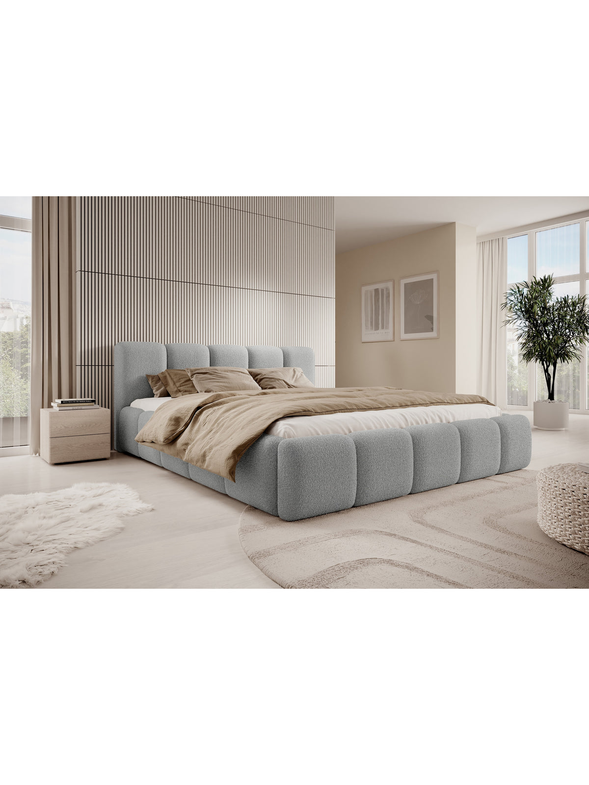 Łóżko tapicerowane Tesia 160x200 w szarym materiale boucle widok z przodu