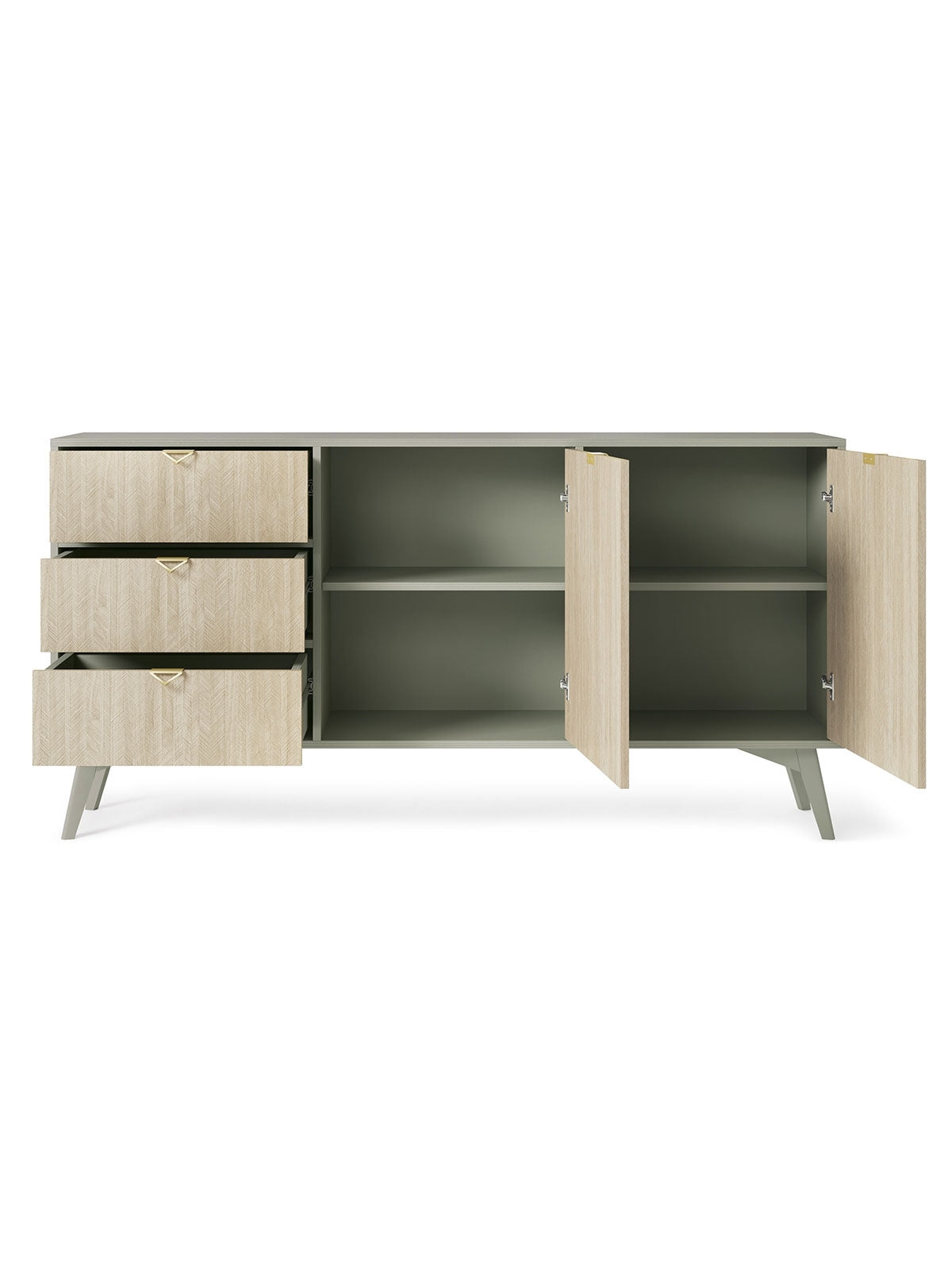 Komoda Lumira 158 cm dwudrzwiowa z szufladami, front jodełka scandi, korpus eukaliptus