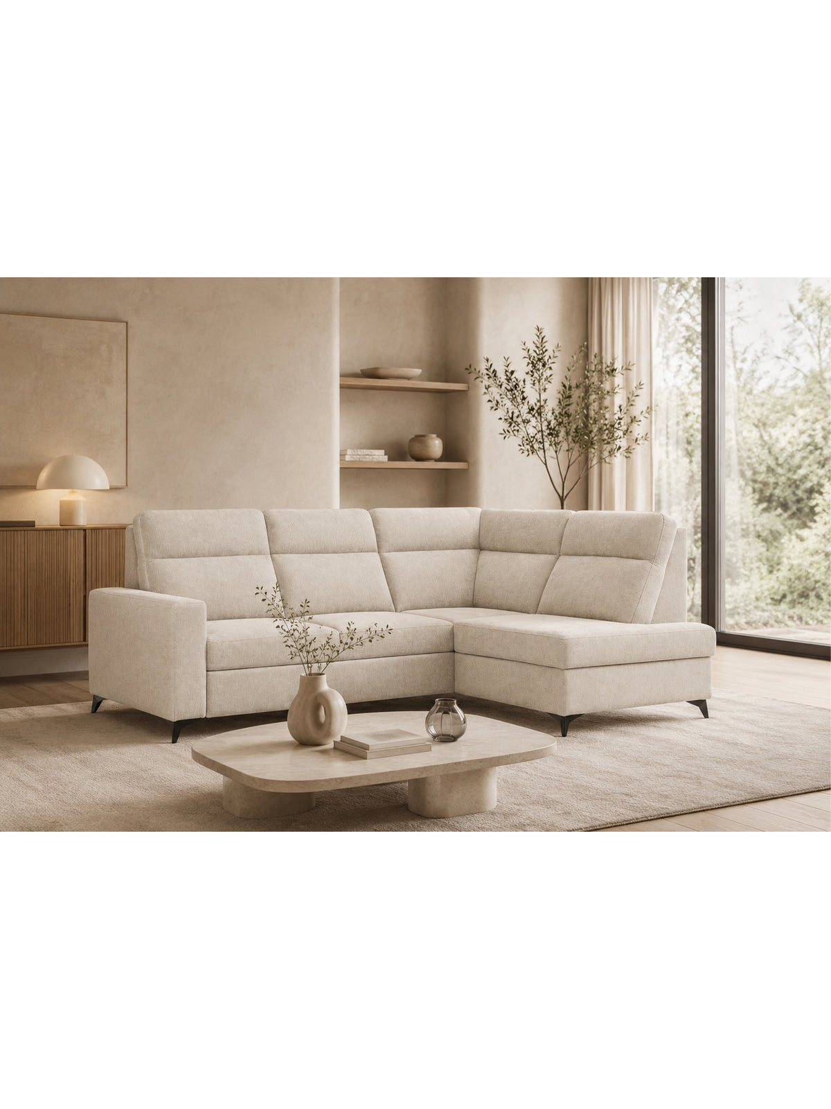 Narożnik Lagato prawostronny w jasnym beżowym szenilu Vibe 06, nowoczesny design