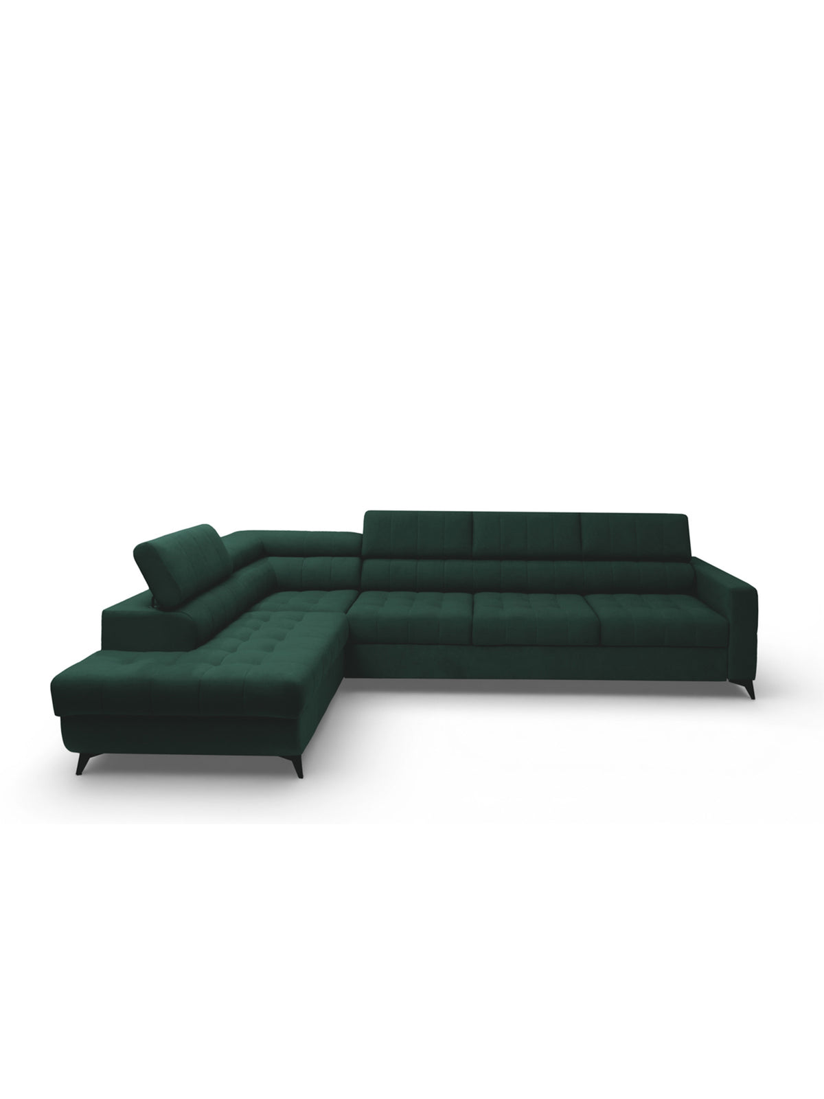 Narożnik Nardo Maxi lewostronny w zielonym welurze Bluvel 78, z funkcją spania i regulowanymi zagłówkami