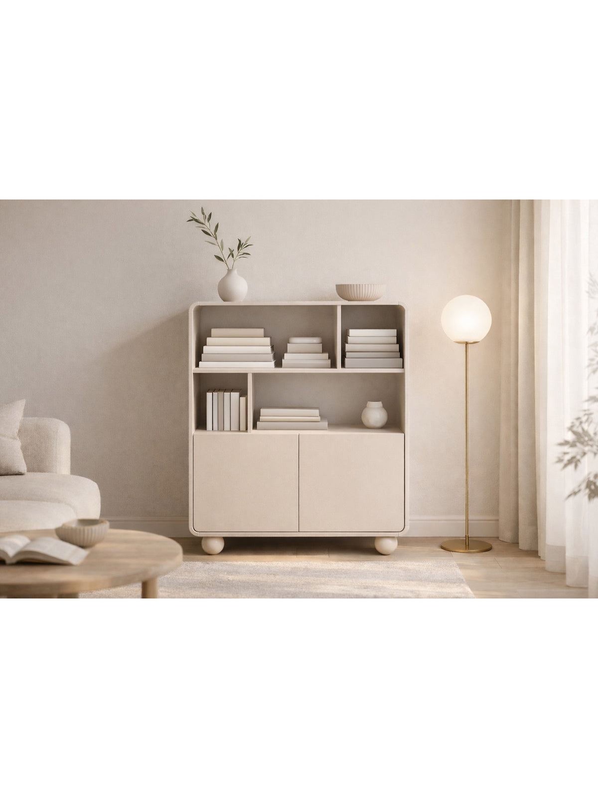 Regał otwarty Vellino 108 cm kaszmir z 2 drzwiami i 3 półkami, styl Modern Organic