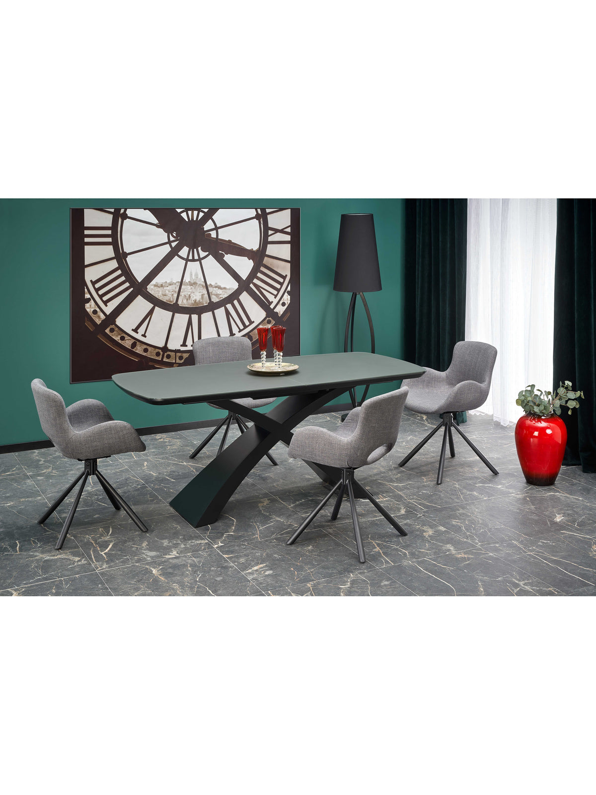 Stół rozkładany Virello 180-220x89 cm w ciemnym popielu z czarnymi nogami, widok całego stołu