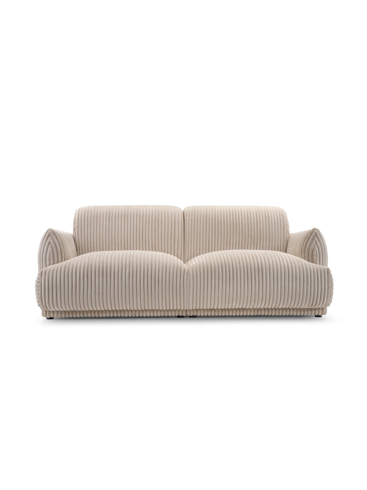 Sofa Cubero do salonu w jasnobeżowej tkaninie w prążki, nowoczesny styl