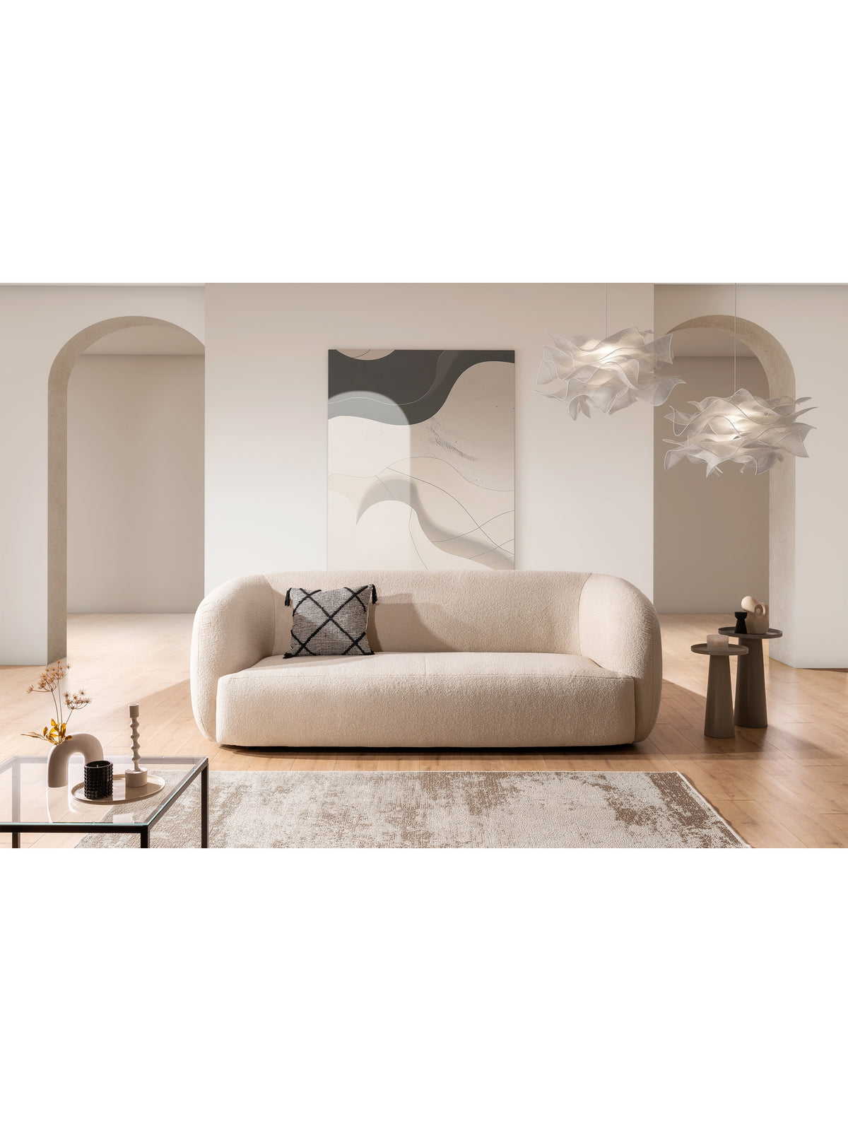 Sofa do salonu Dalin III beżowa boucle Lambi 5, trzyosobowa o nowoczesnym stylu