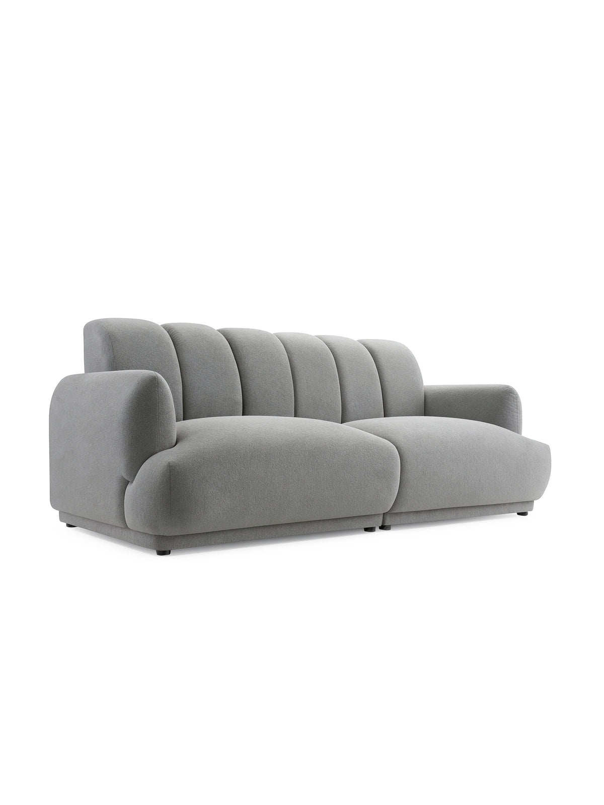 Sofa Melvo do salonu w szarą bouclé, trzyosobowa z szerokim siedziskiem
