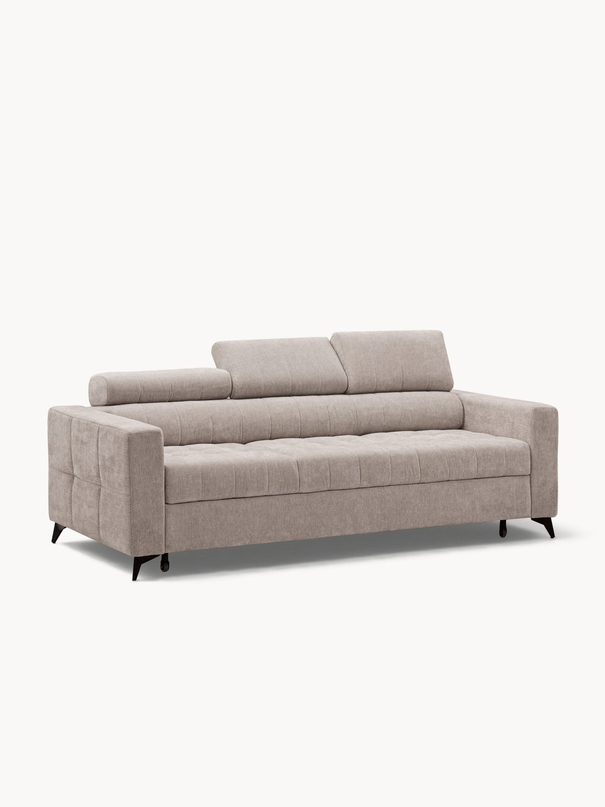 Sofa Nardo z funkcją spania w beżowym szenilu Vibe 08 z regulowanymi zagłówkami, widok z przodu