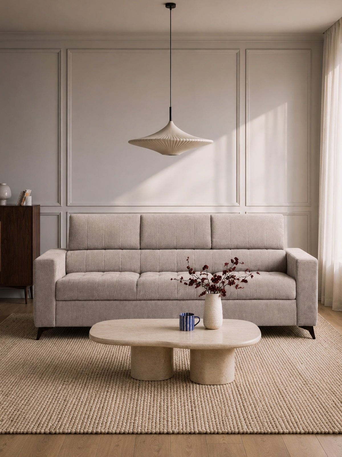 Sofa Nardo z funkcją spania, beżowy szenil Vibe 08, widok frontalny