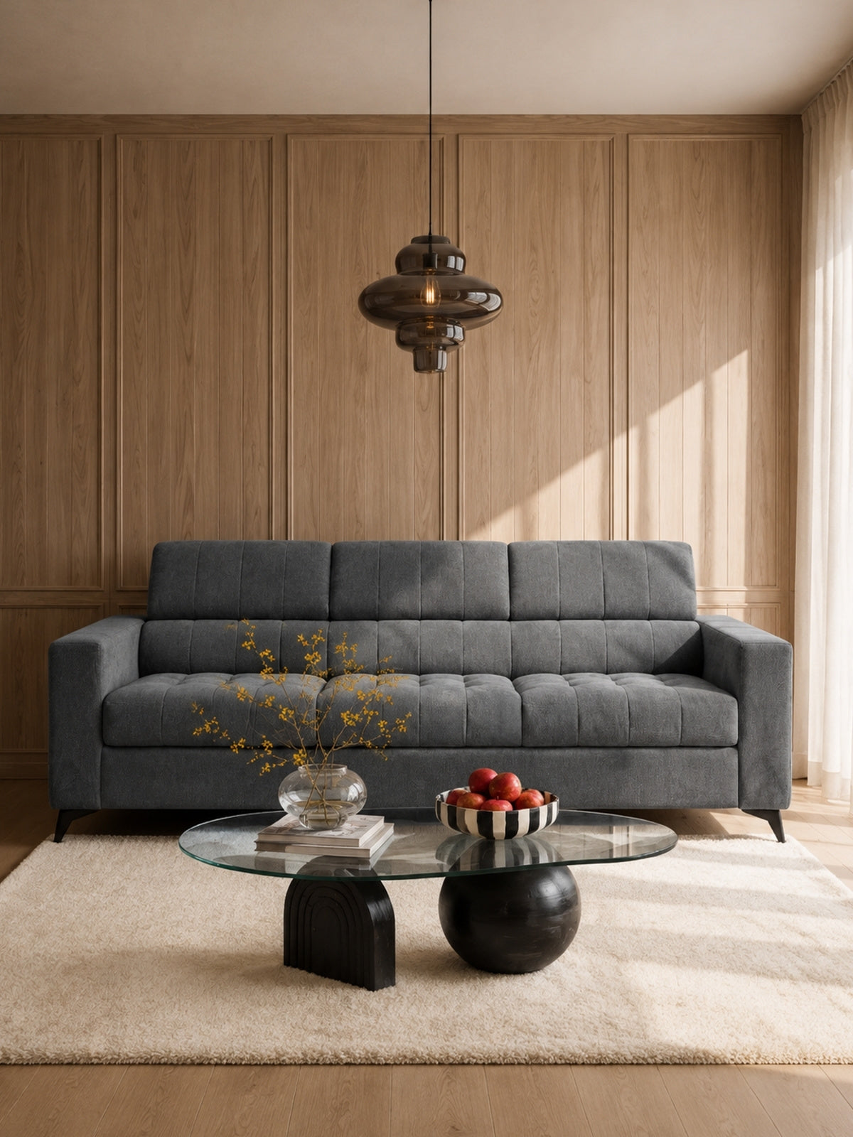 Sofa Nardo z funkcją spania w szarym szenilu Vibe 95, nowoczesny model z metalowymi nogami