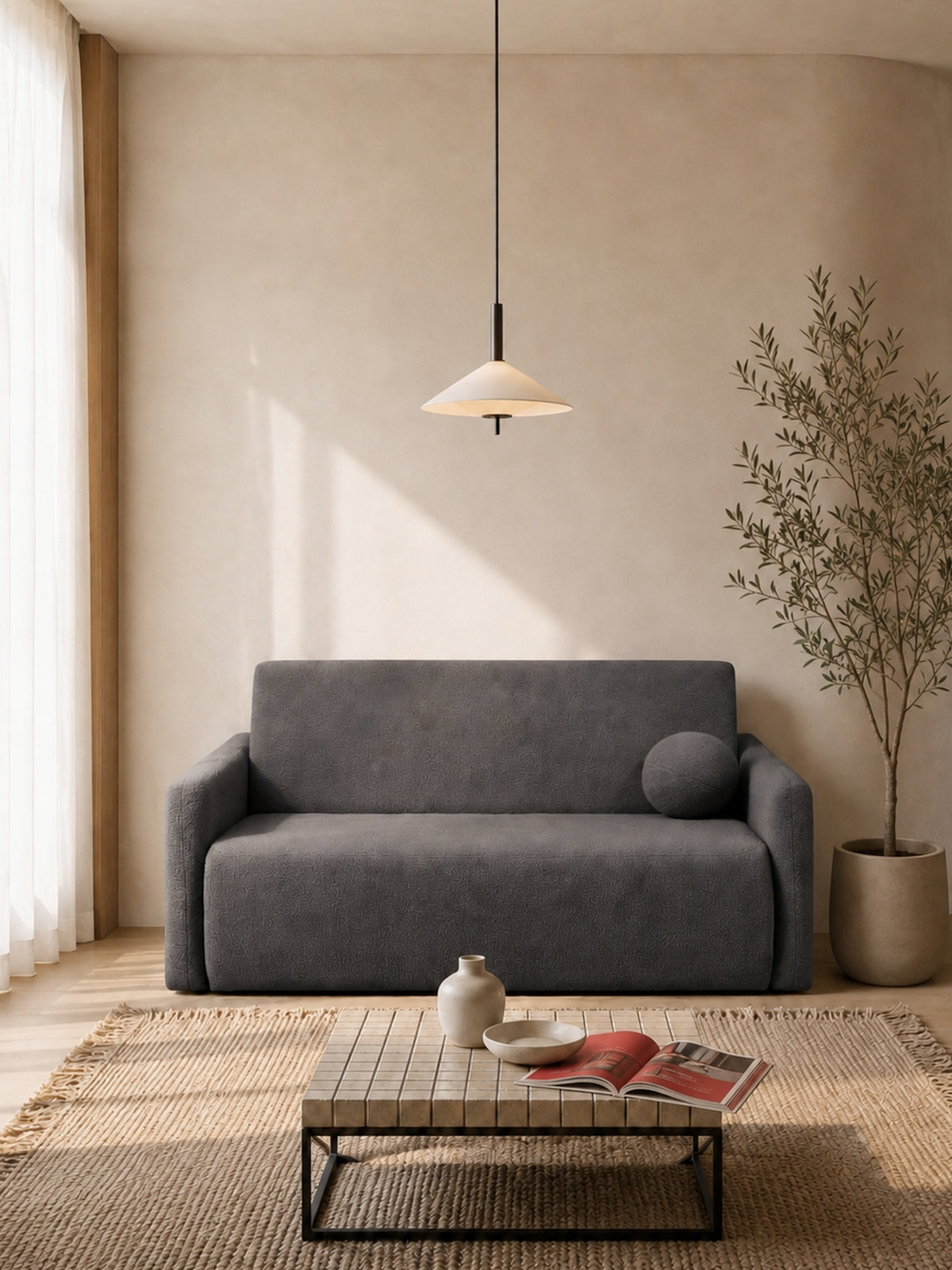 Sofa rozkładana Nido 120 cm szara boucle z pojemnikiem, widok z przodu