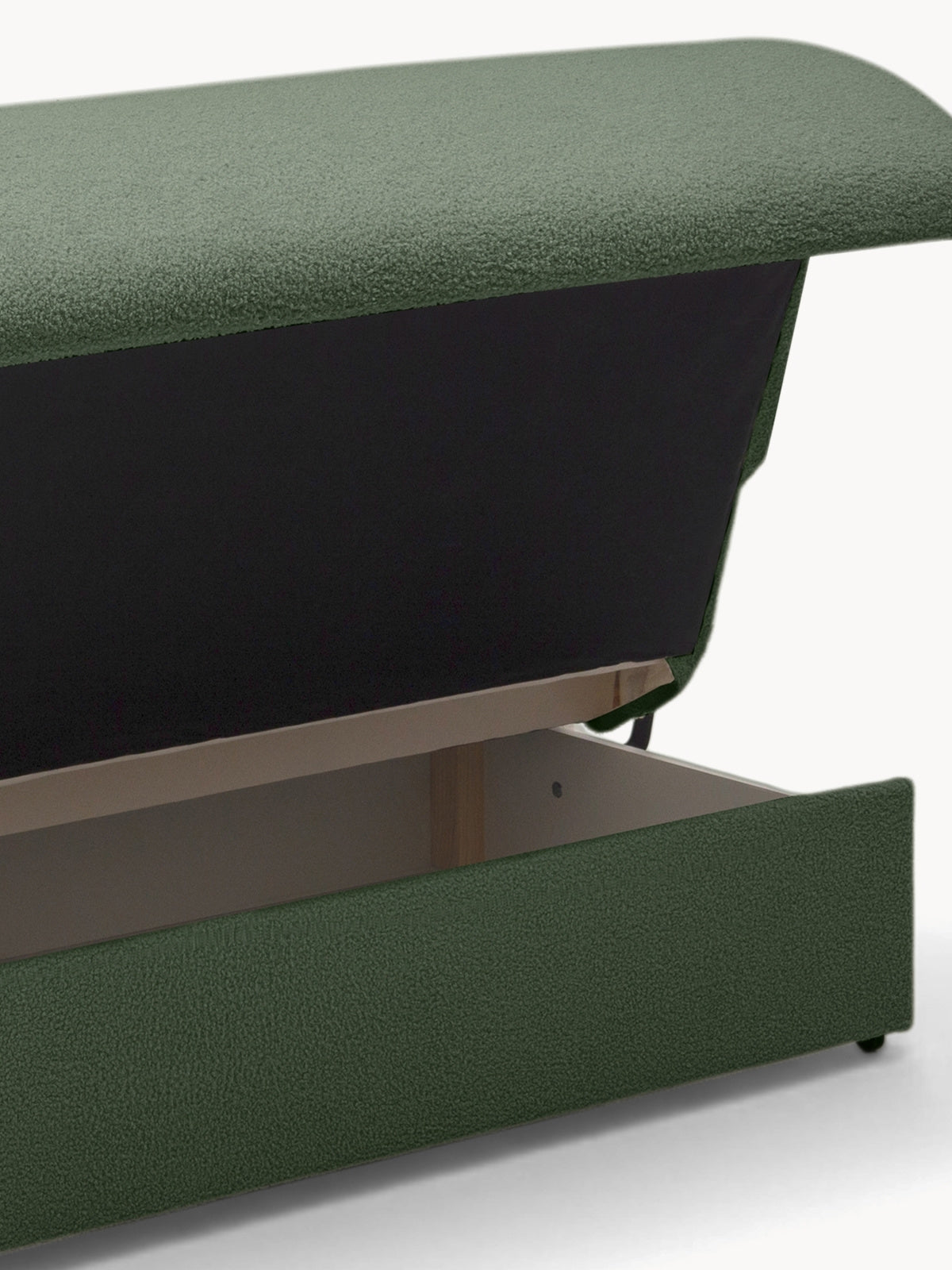 Sofa rozkładana Nido 120 cm z pojemnikiem zielona boucle, widok pojemnika