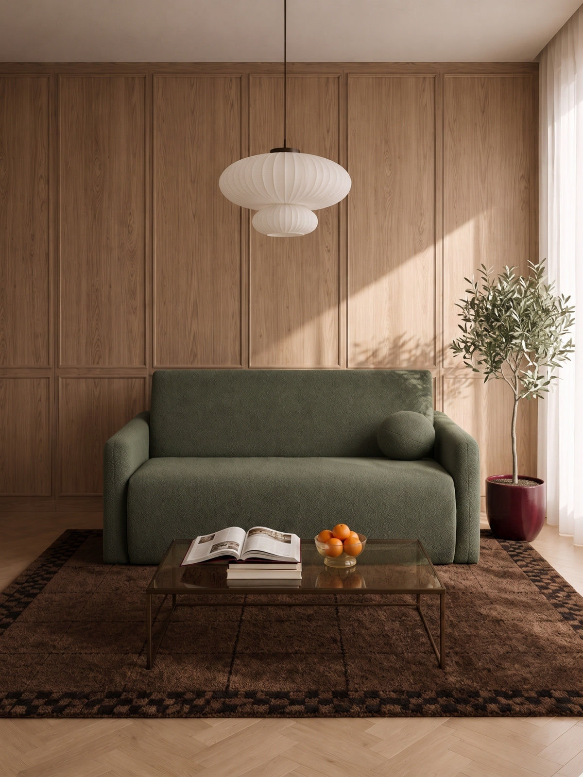 Sofa rozkładana Nido 120 cm zielona boucle w nowoczesnym wnętrzu