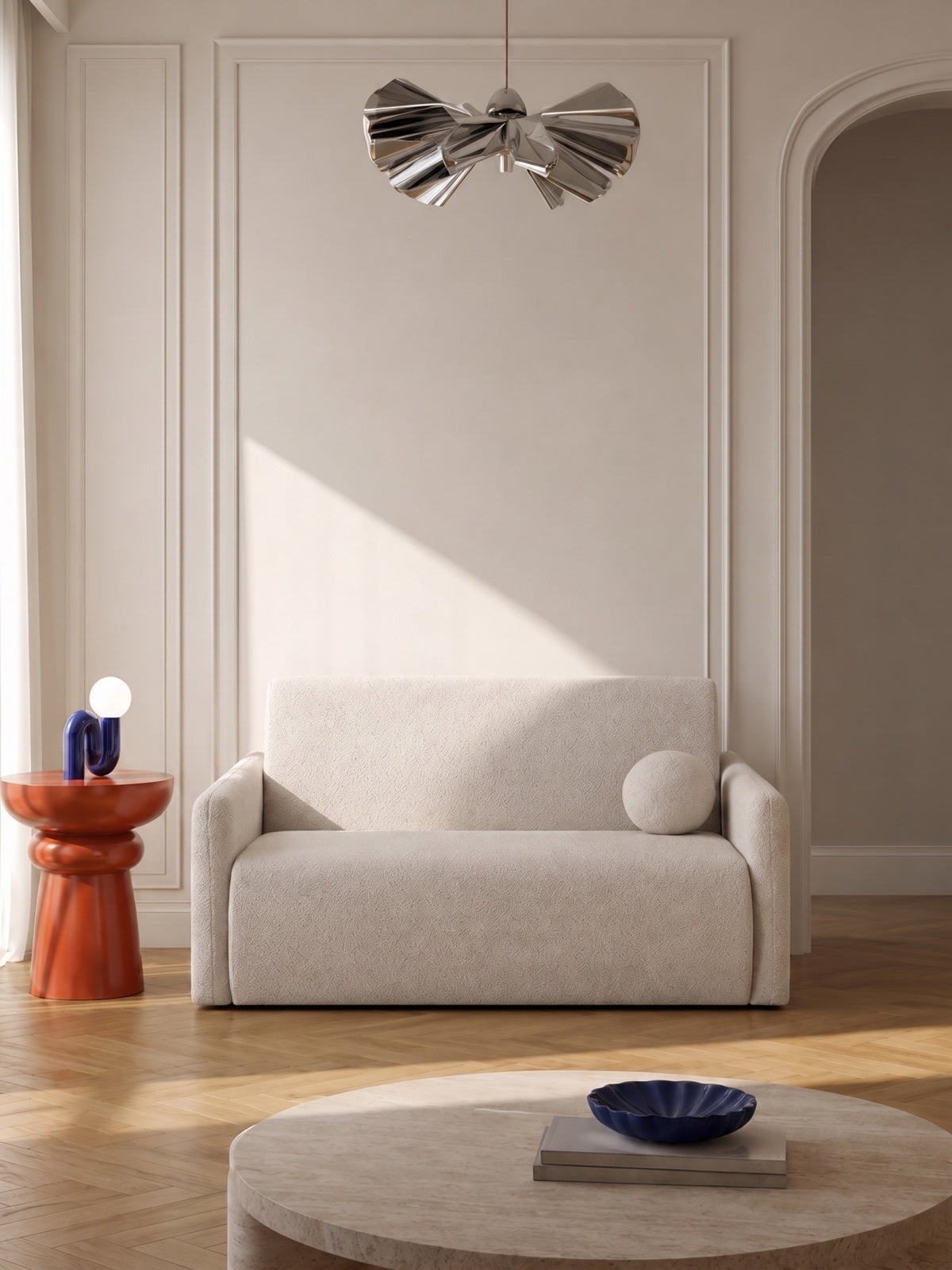 Sofa rozkładana Nido dwuosobowa 120 cm w jasnym kolorze, z poduszką wałkiem