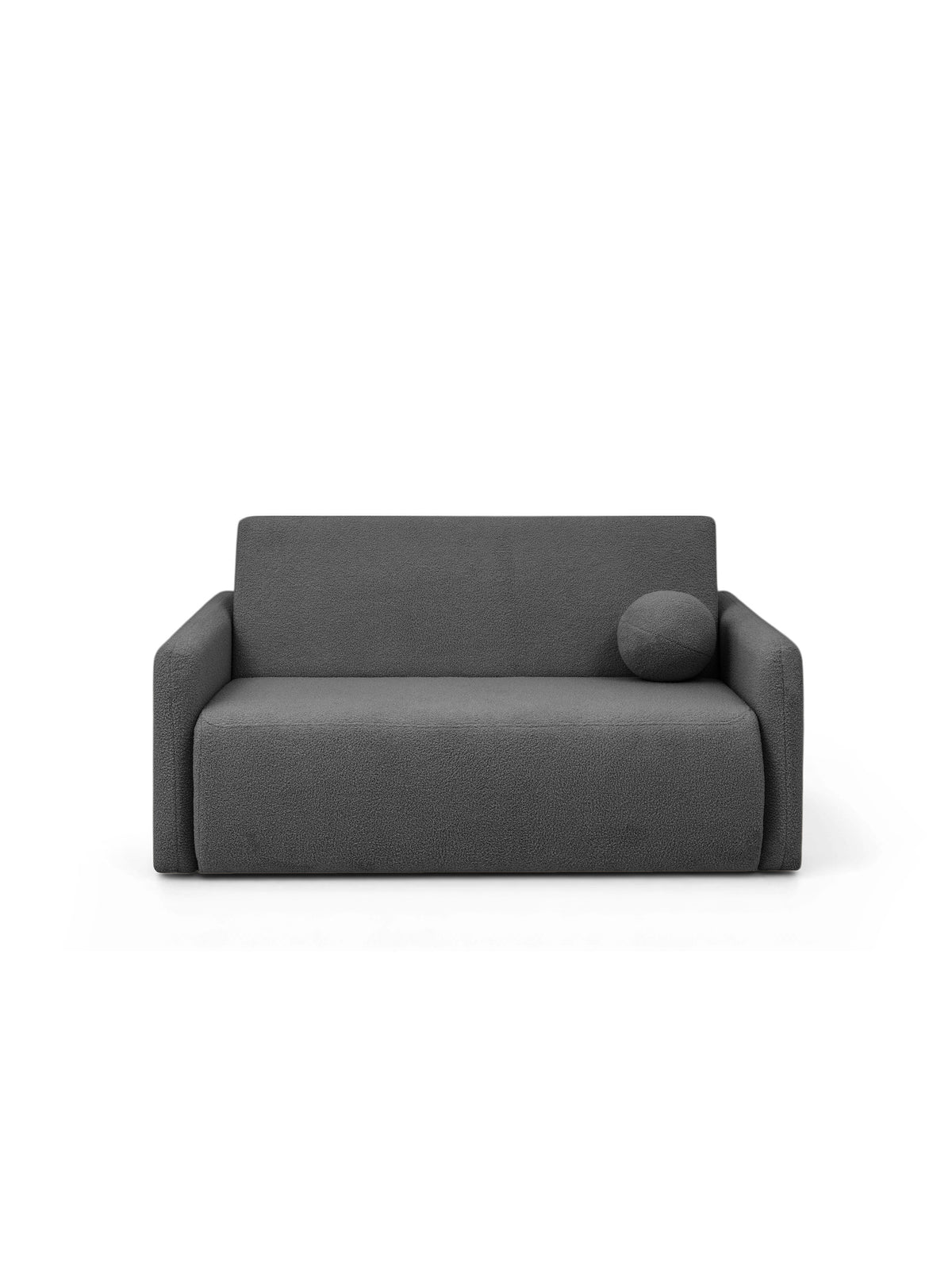 Sofa rozkładana Nido dwuosobowa 120 cm w szarym bouclé, widok z przodu z poduszką