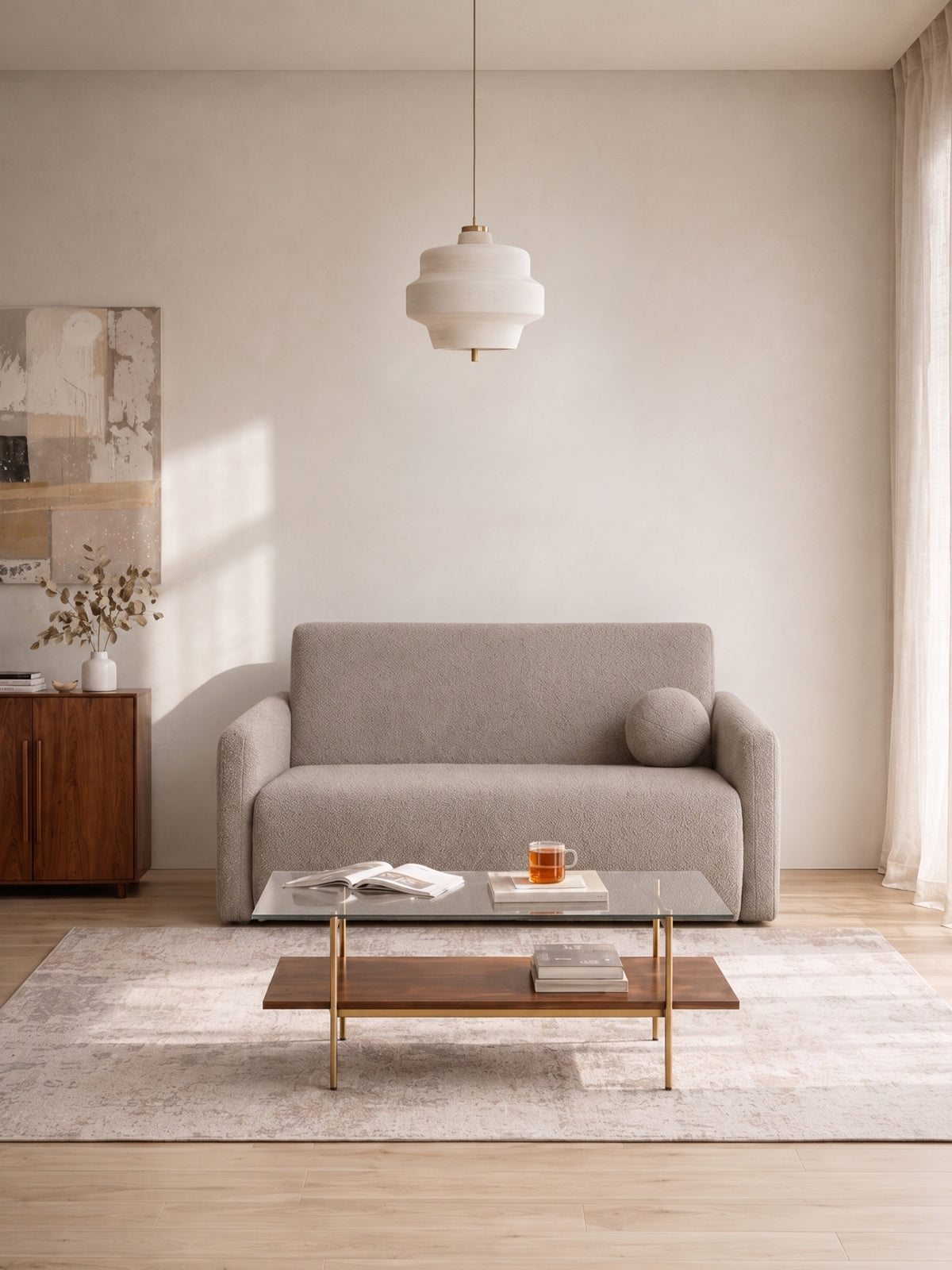 Beżowa sofa rozkładana Nido trzyosobowa 140 cm z pojemnikiem, bouclé Quelle 16
