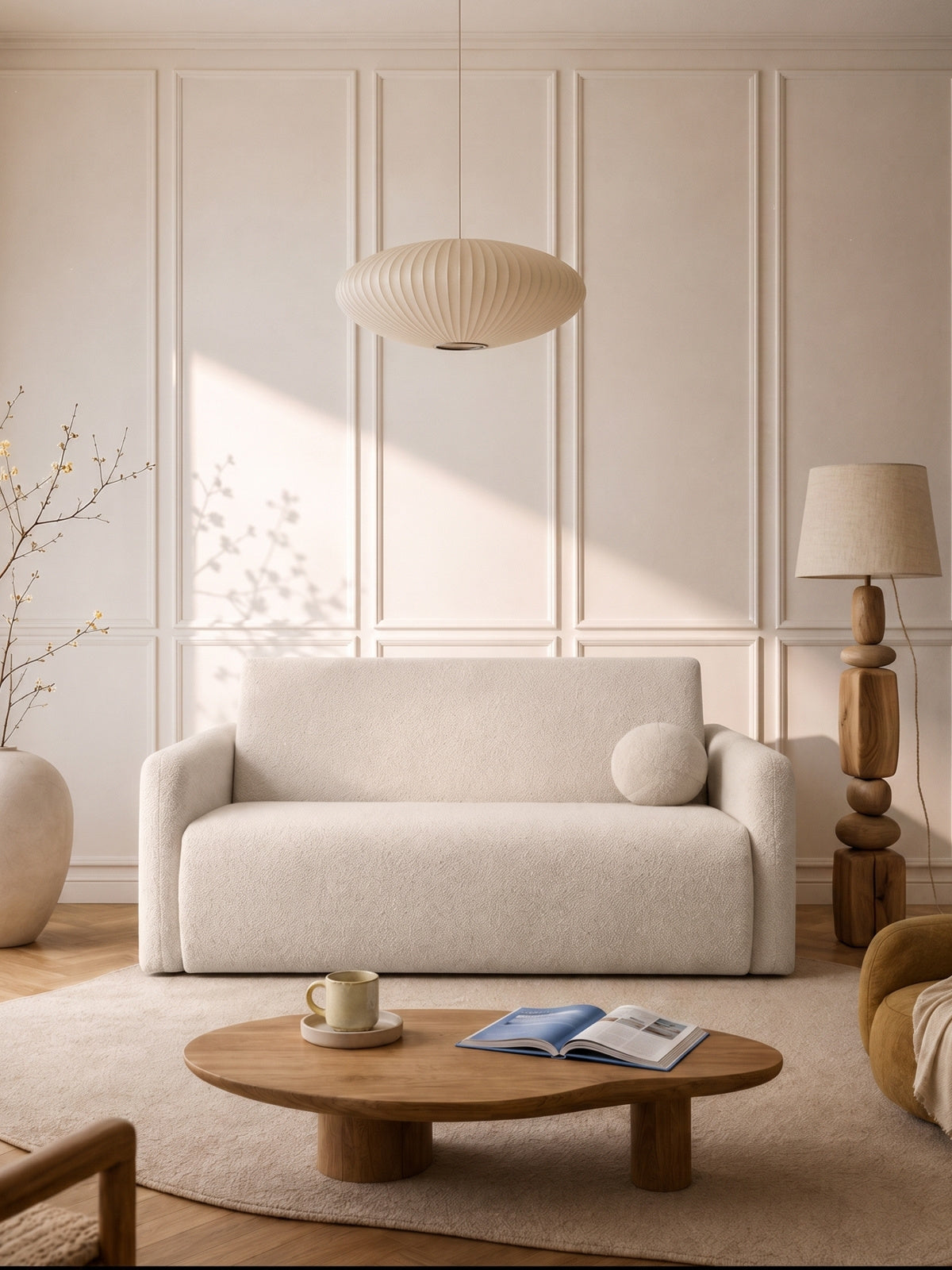 Sofa rozkładana Nido trzyosobowa 140 cm jasny beżowy boucle w nowoczesnym wnętrzu