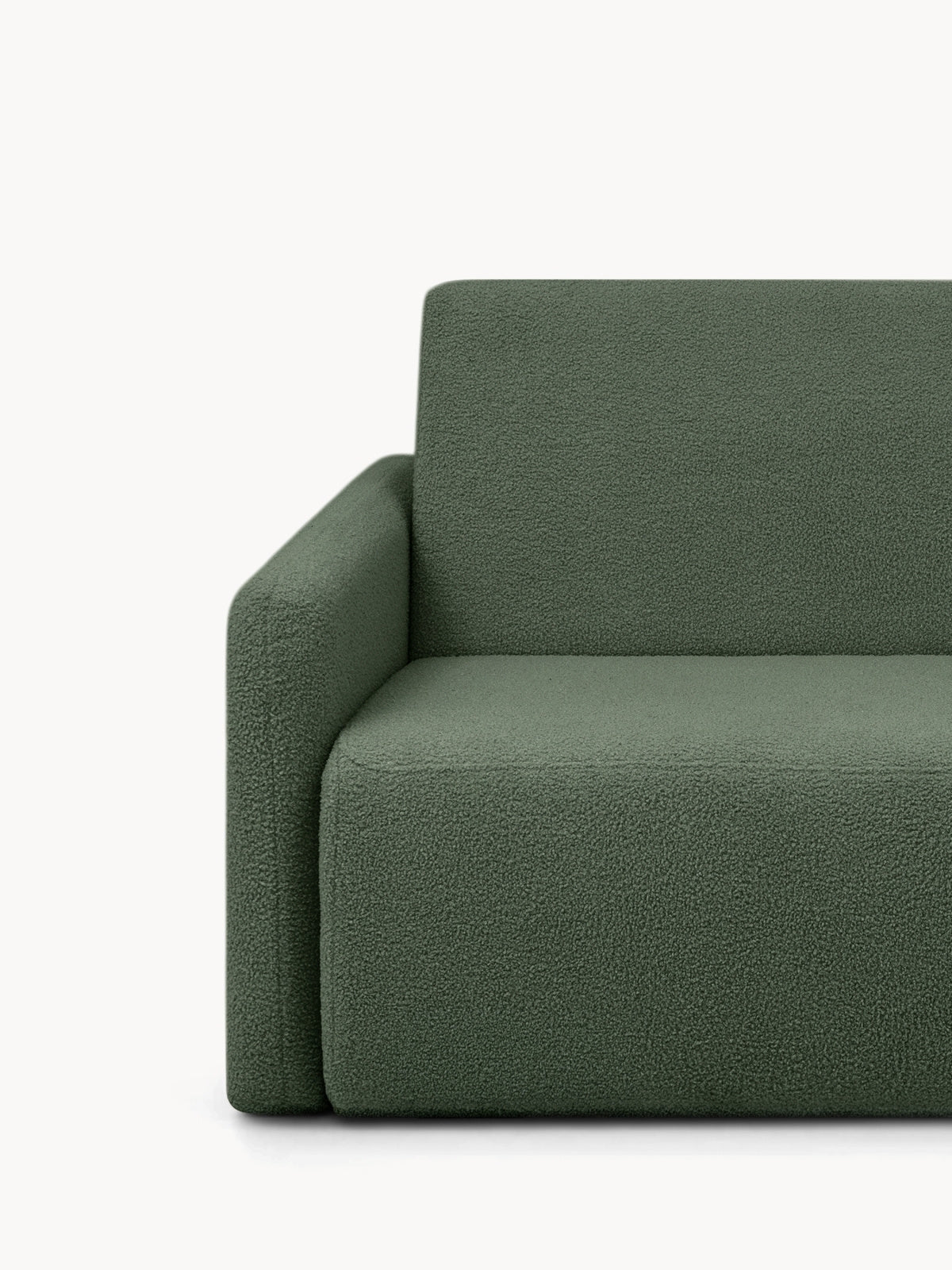 Zielona sofa rozkładana Nido trzyosobowa 140 cm z boucle Quelle 37, detal podłokietnika