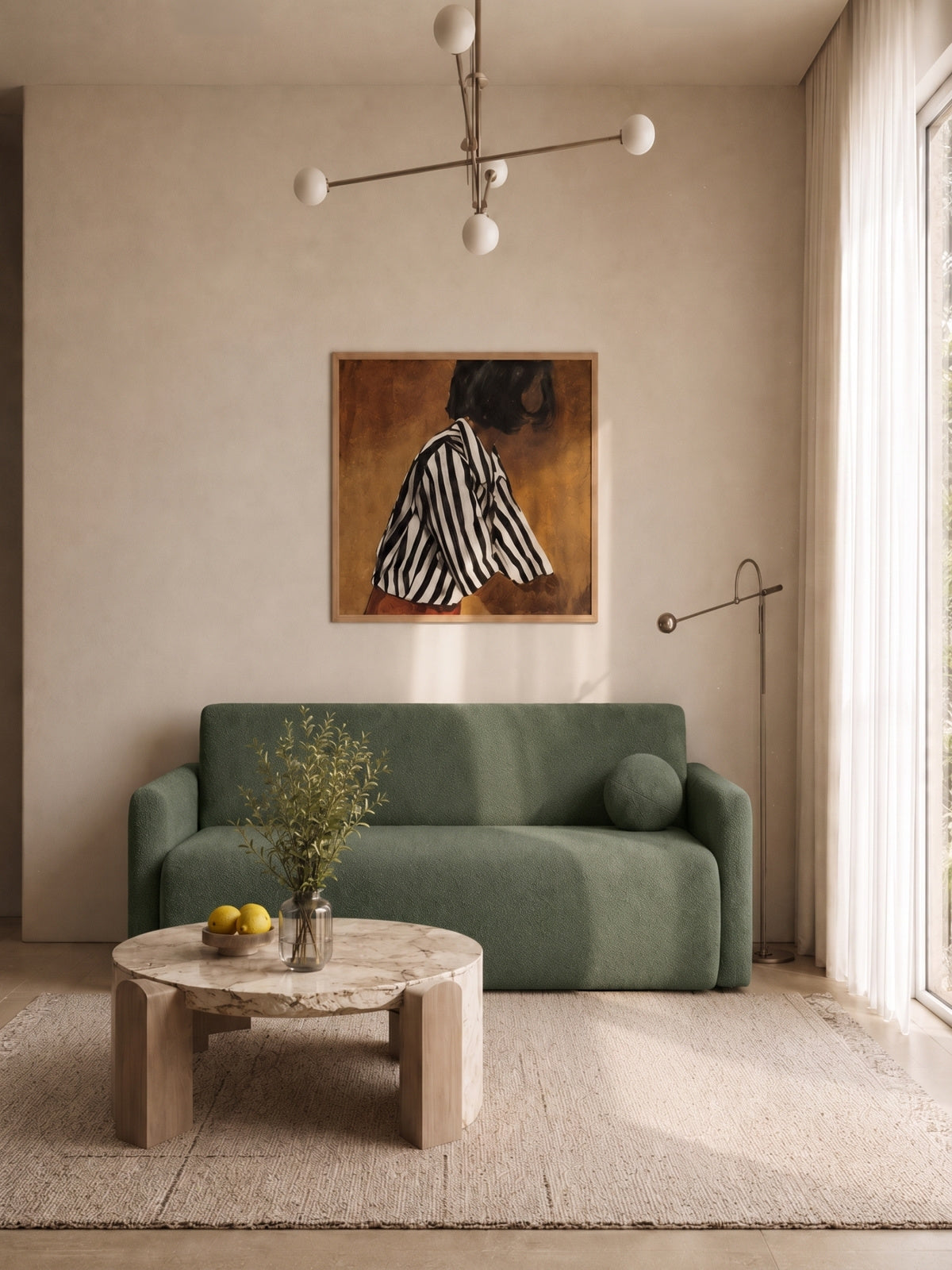 Zielona sofa rozkładana Nido trzyosobowa z boucle Quelle 37, widok frontowy w aranżacji