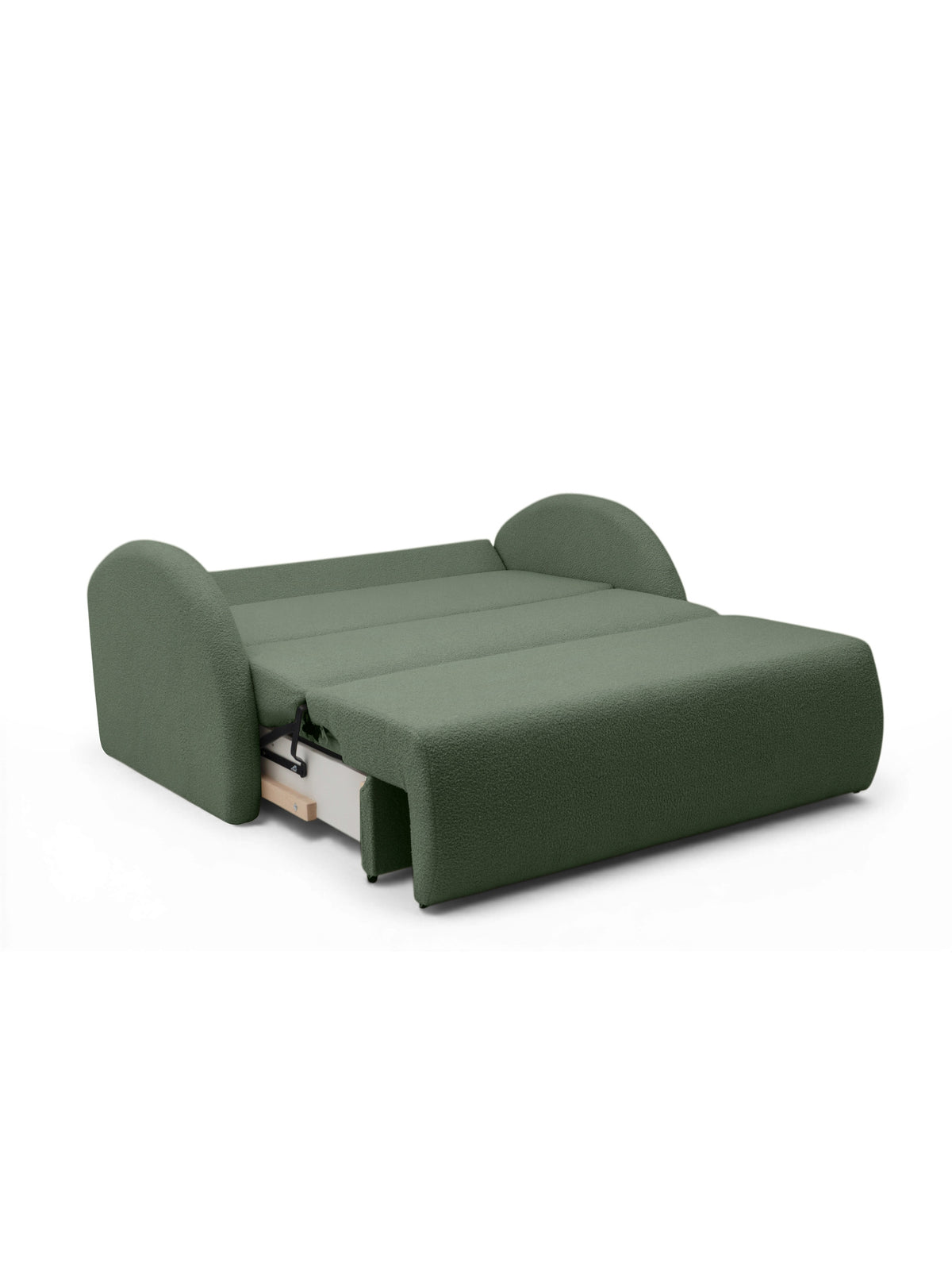 Sofa rozkładana Nubi dwuosobowa zielona boucle z pojemnikiem i mechanizmem Klik-Klak