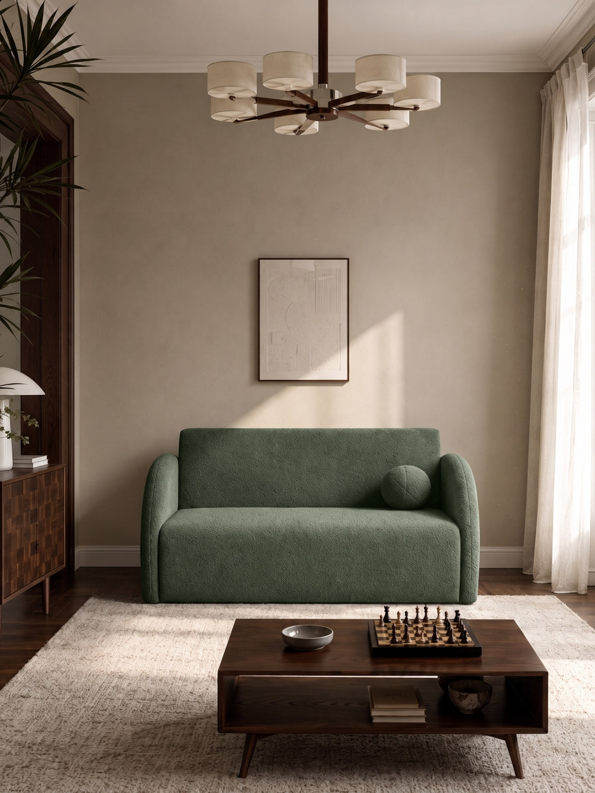 Sofa rozkładana Nubi trzyosobowa zielona boucle z poduszką w aranżacji pokoju