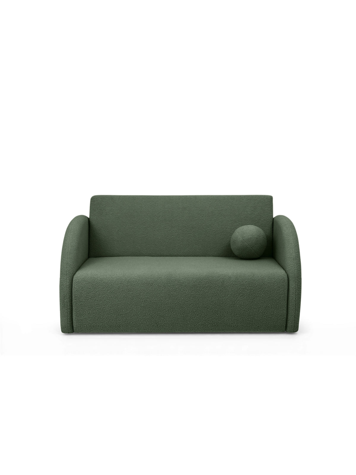 Sofa rozkładana Nubi trzyosobowa zielona boucle z poduszką, widok frontalny