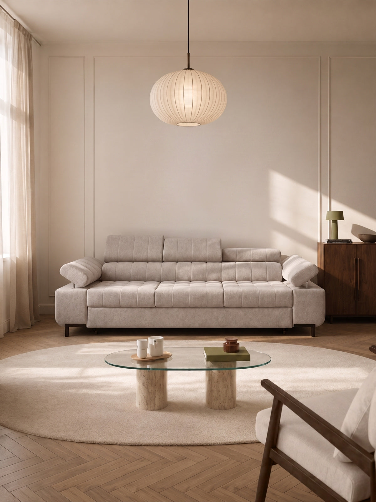 Sofa trzyosobowa Tyrion z funkcją spania w jasnym kolorze, na czarnych metalowych nóżkach