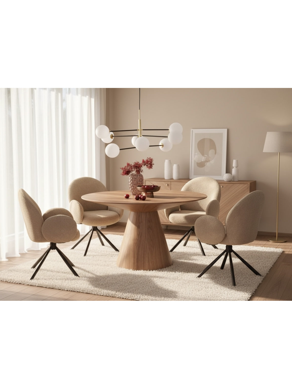 Stół okrągły Doran 136 cm orzech z blatem MDF w stylu Mid-Century Modern