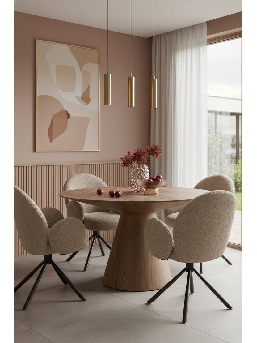 Stół okrągły Doran 136 cm orzech, ciemne drewno, styl Modern Organic