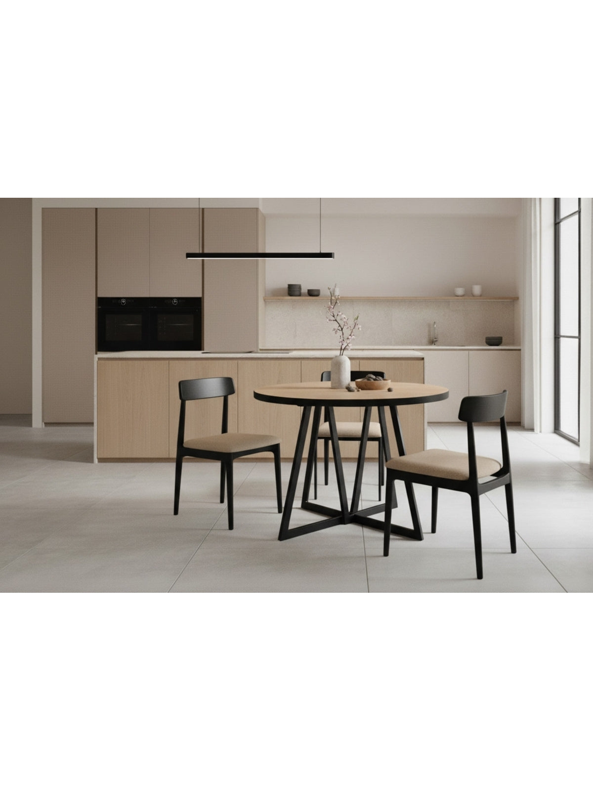 Stół okrągły Cedrus Linear 95/150 cm dąb hikora z czarnym metalowym stelażem, rozkładany