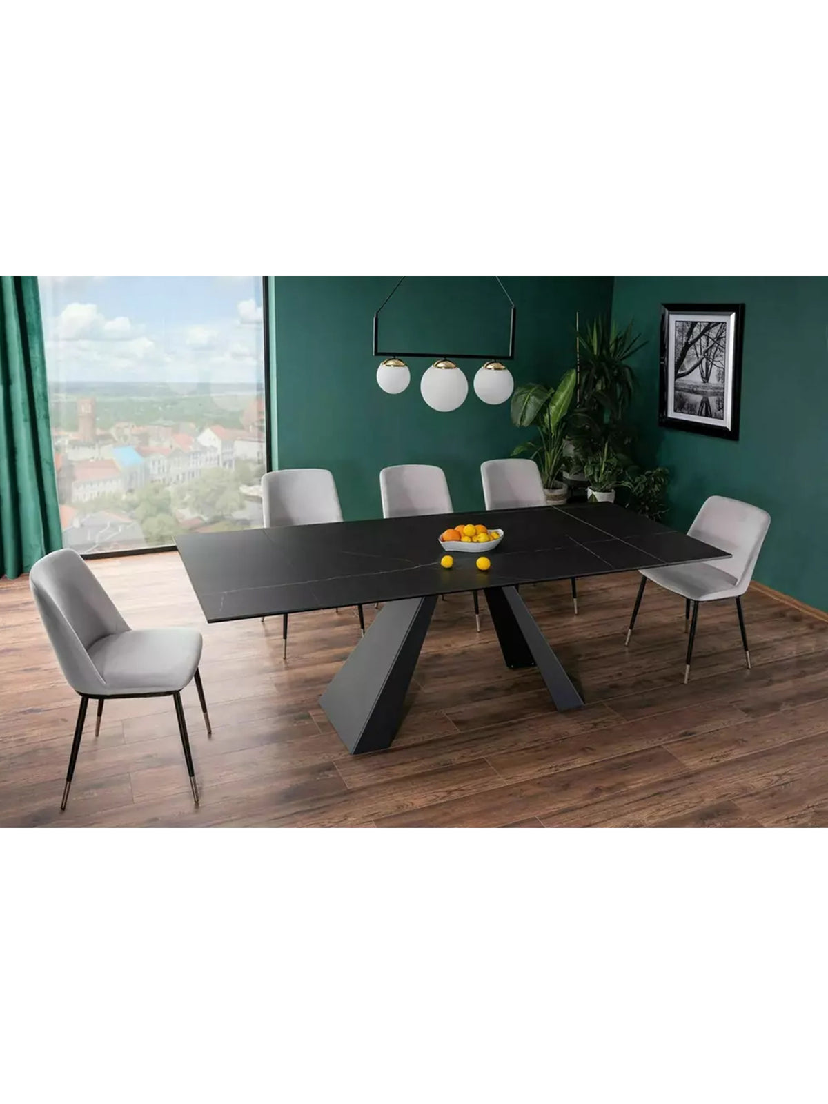 Stół rozkładany Zanivo 160-240x90 cm z czarnym marmurowym ceramicznym blatem i czarnymi metalowymi nogami