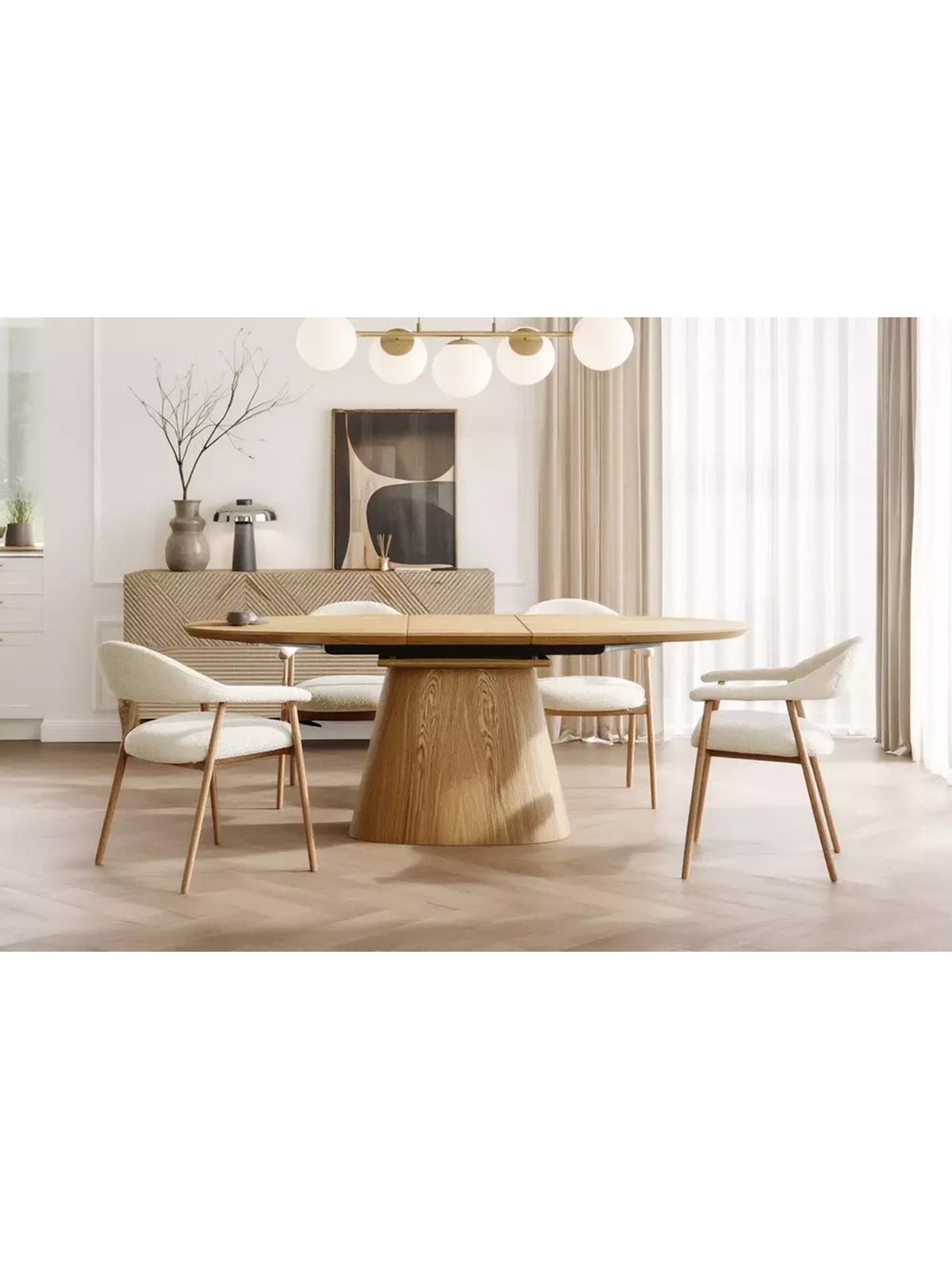 Stół rozkładany Lurta 160-200x90 cm owalny blat dąb naturalny, styl Scandi, widok szeroki