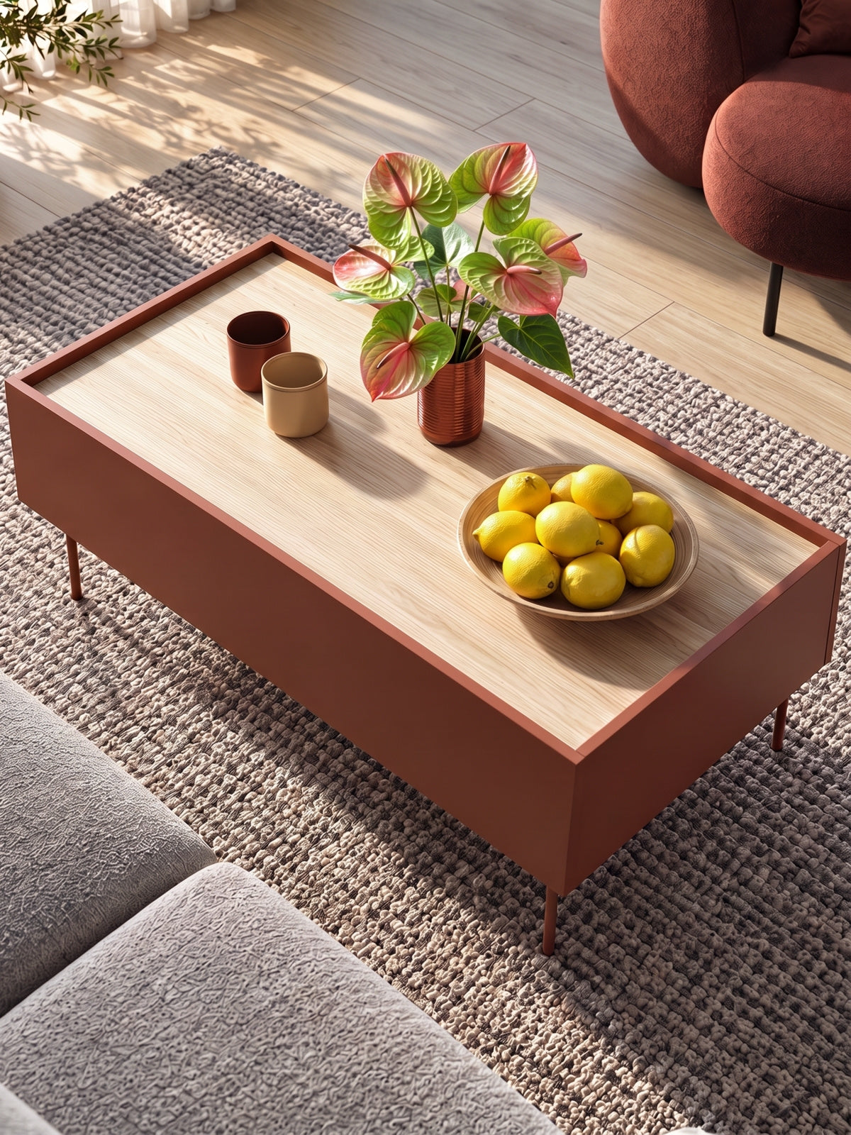 Stolik kawowy Desin 120 cm z szufladami - ceramic red / dąb nagano