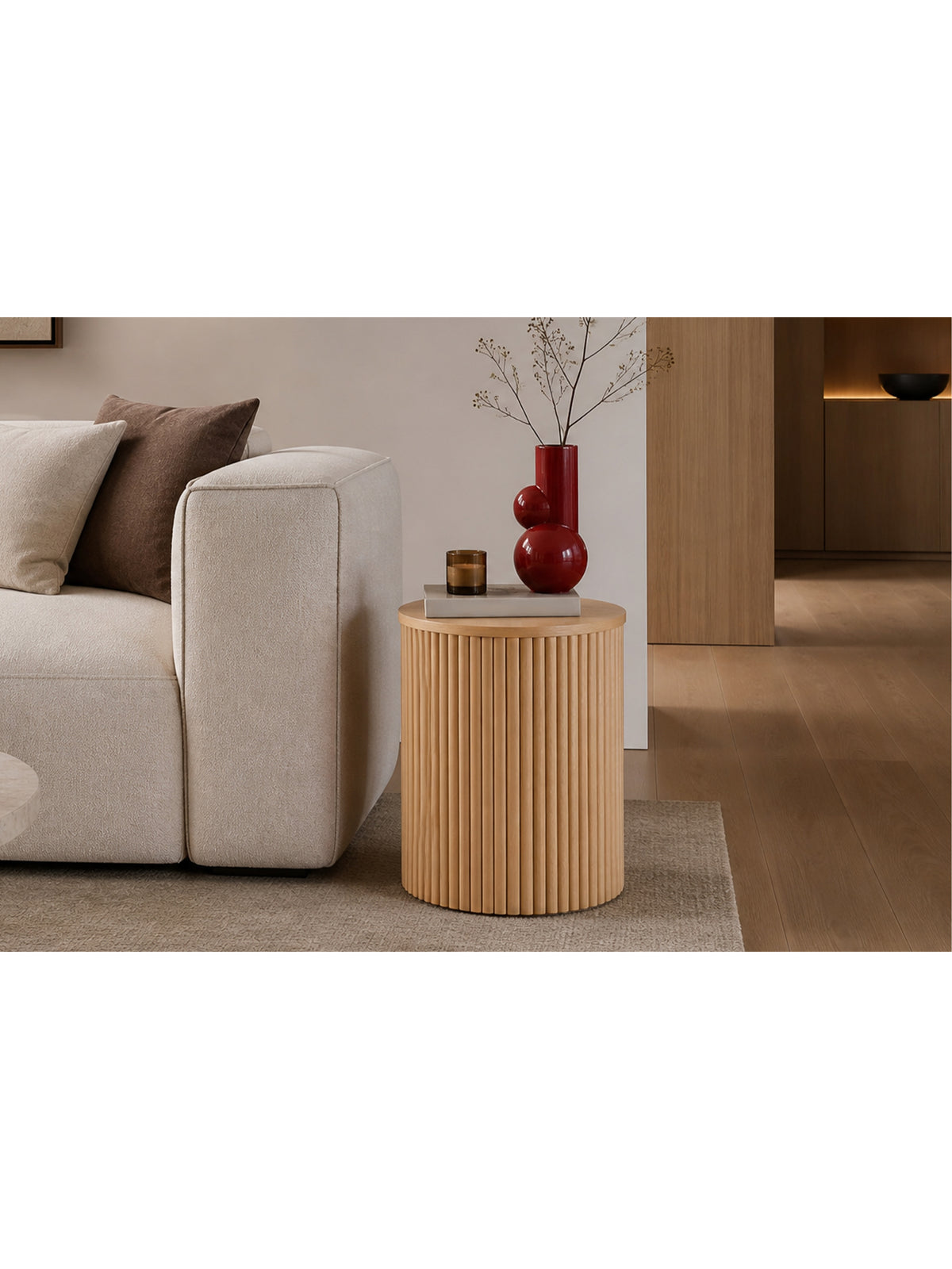Stolik kawowy okrągły Tamis 40 cm z naturalnego drewna w stylu Scandi