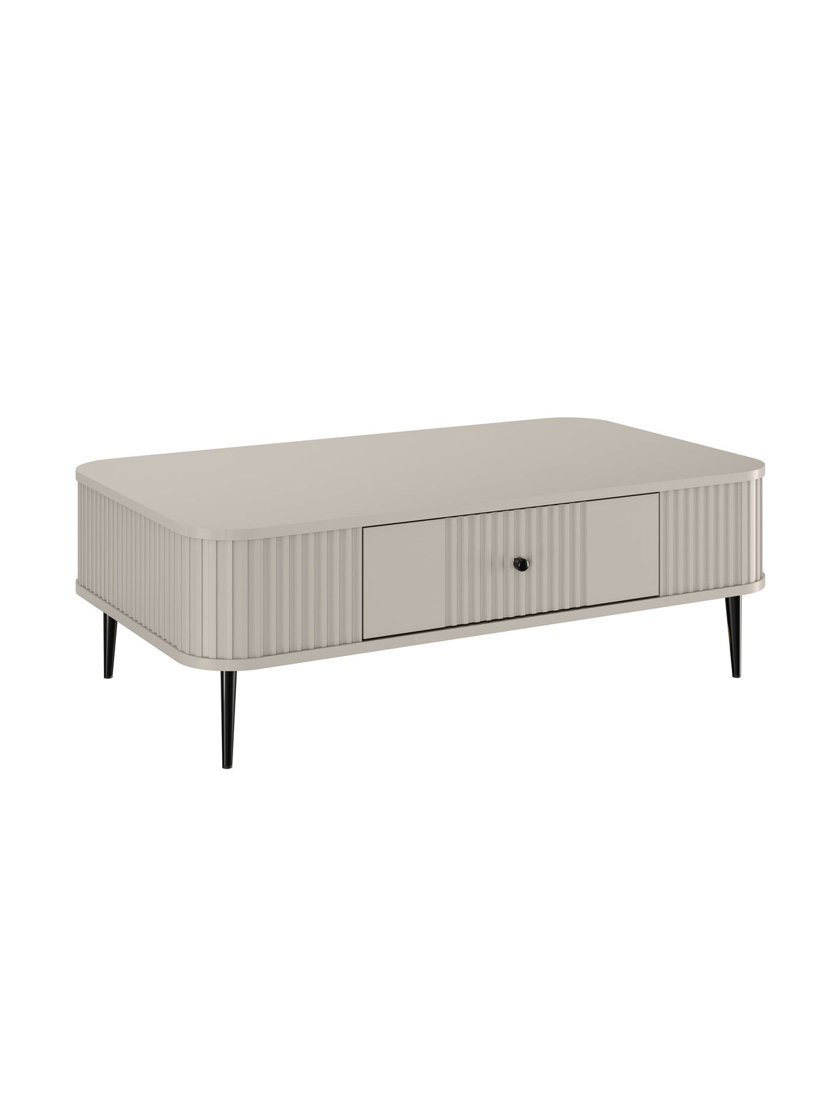 Stolik kawowy Vesper 103x60 cm kaszmir z czarnymi prostymi nogami i ryflowanym frontem szuflady